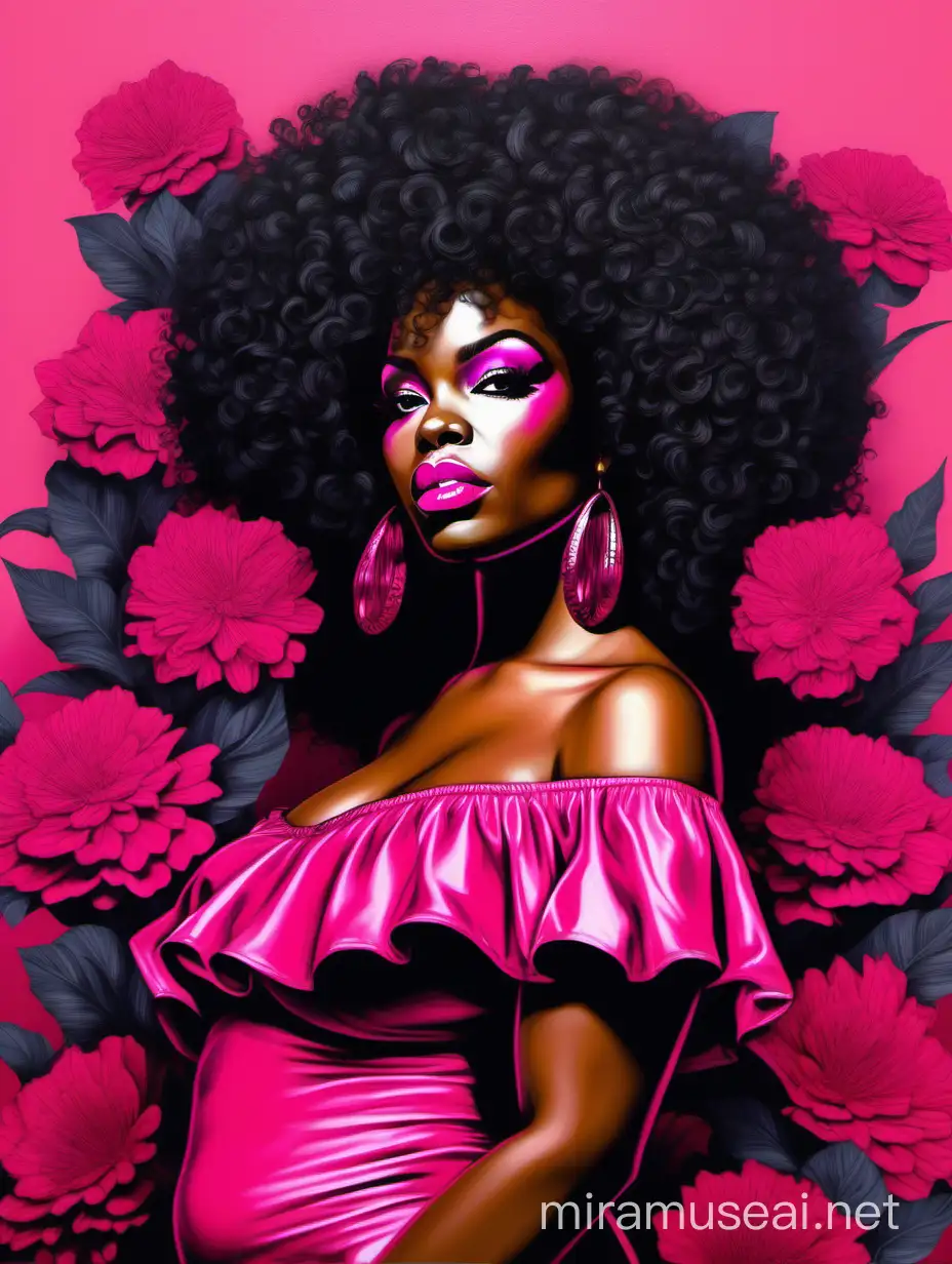  Create an oil painting style image of a curvy black female wearing a hot pink off the shoulder blouse and she is looking down with Prominent makeup. Highly detailed tightly curly black afro. Background of large hot pink and black flowers surrounding her