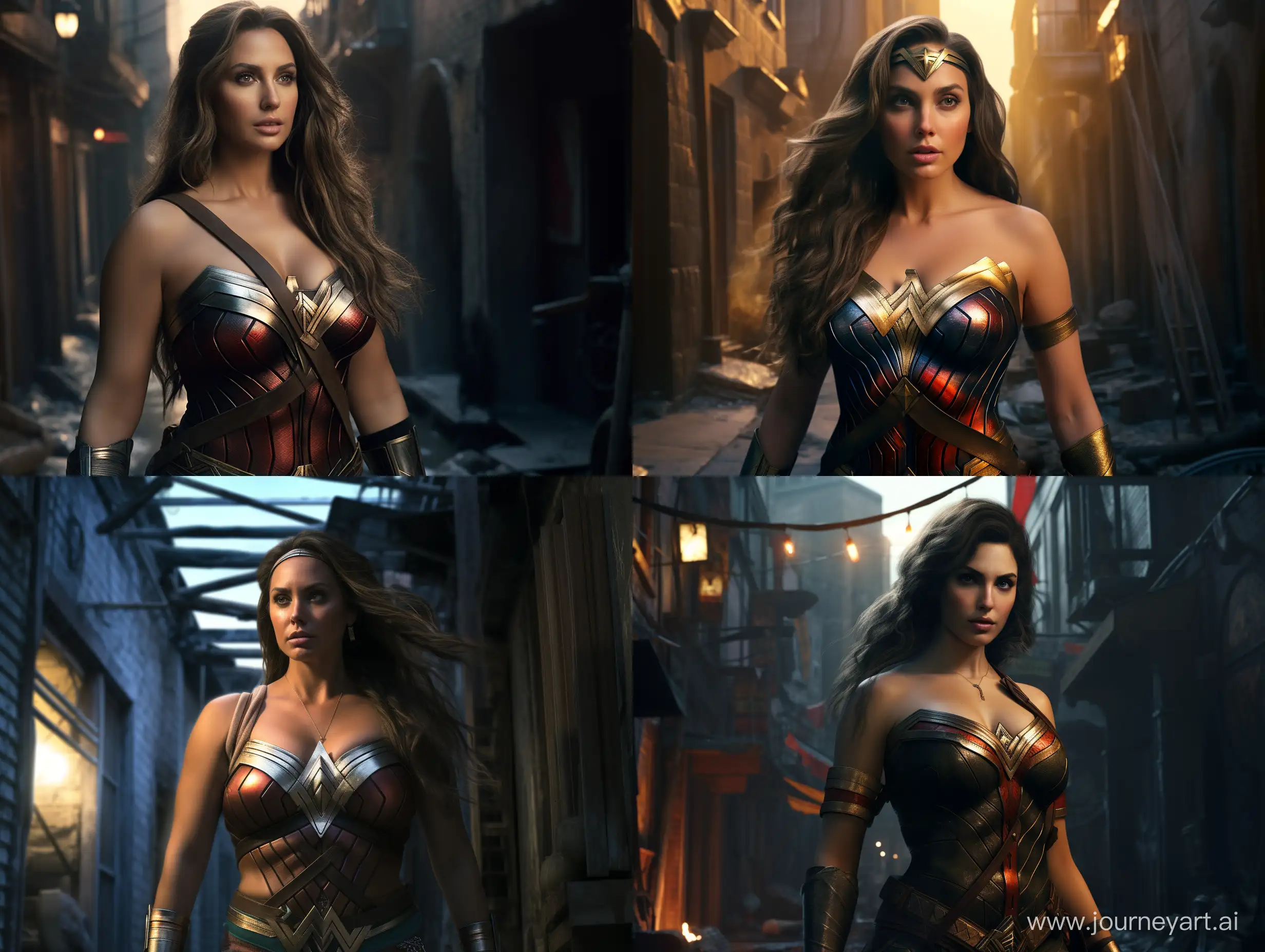 Wonder woman, very fat, looking at the camera, half body, with a big belly, in the alley, realistic, cinematic lighting, --ar 4:3 --q 2 --fast