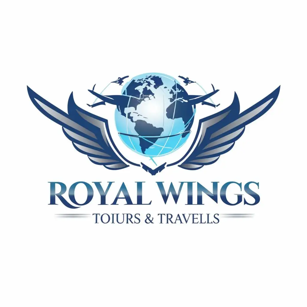 logo, wings and plane and globe in cloud shape, with the text "Royal wings tours & travels", typography, be used in Travel industry