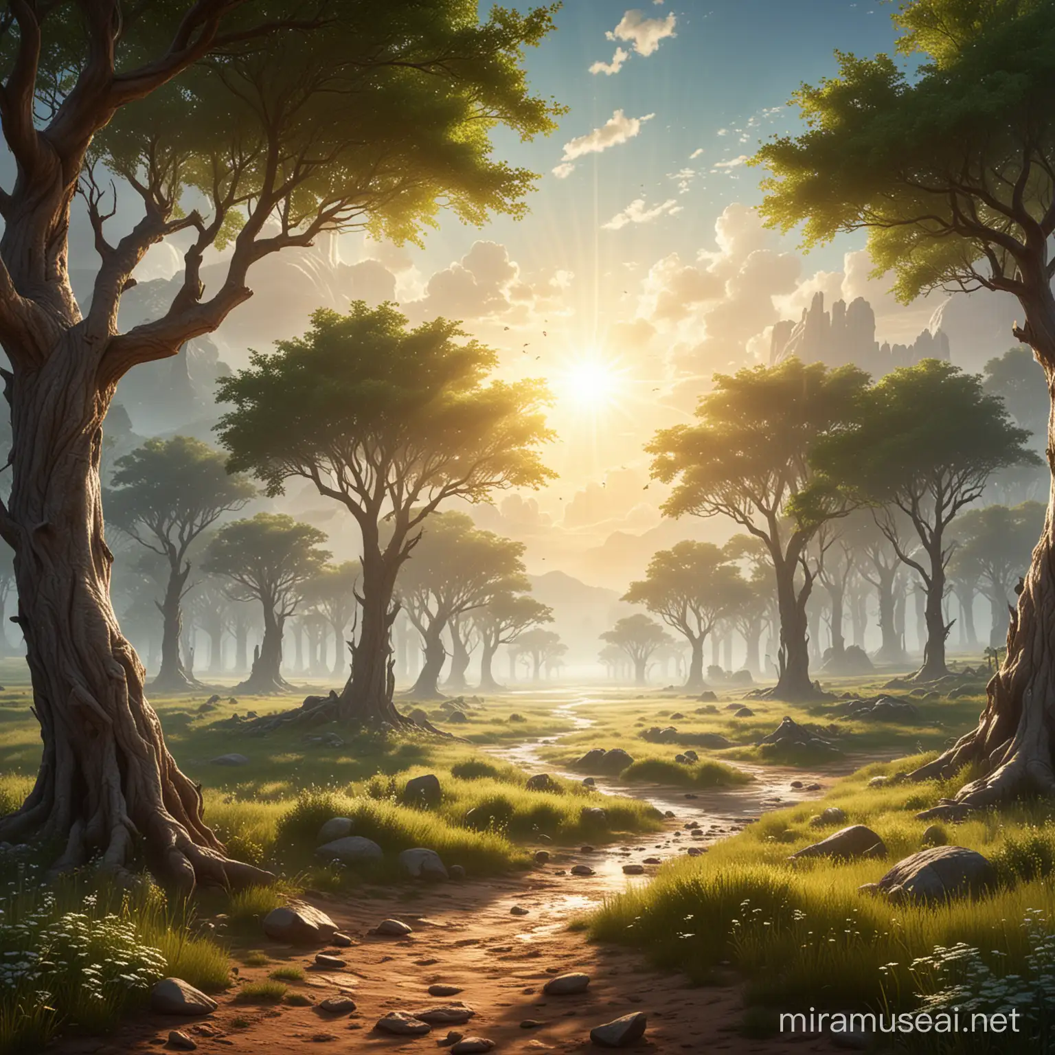 Epic fantasy scenery, divine plains with trees, sunlight