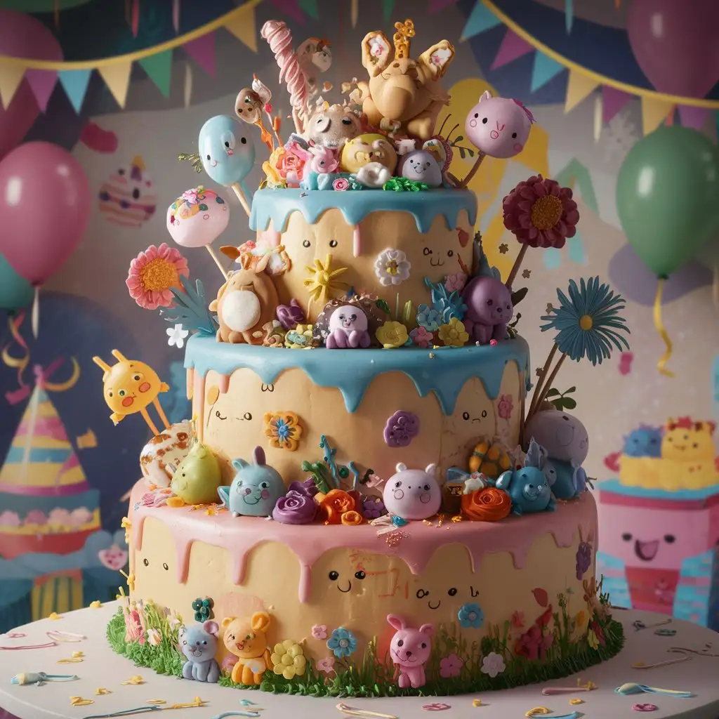 Whimsical Cake with Festive Background Colorful Celebration Dessert Art