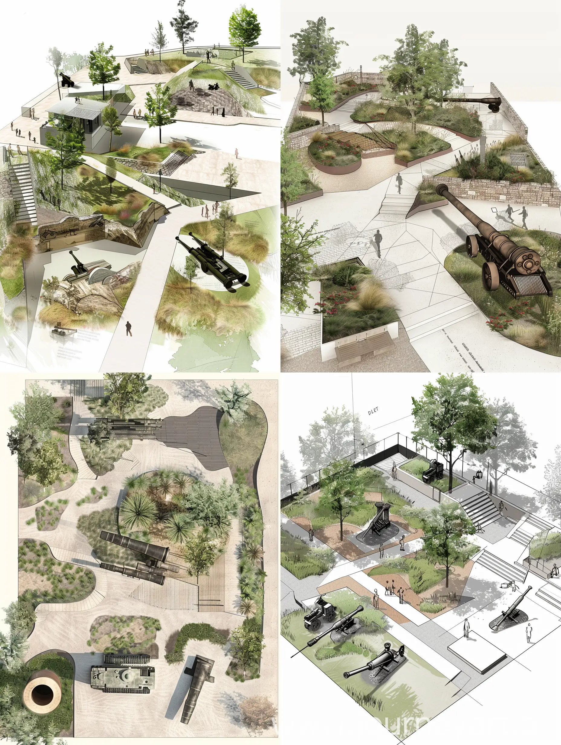 create a design for artillery museum outdoor exhibit with landscape and built spaces