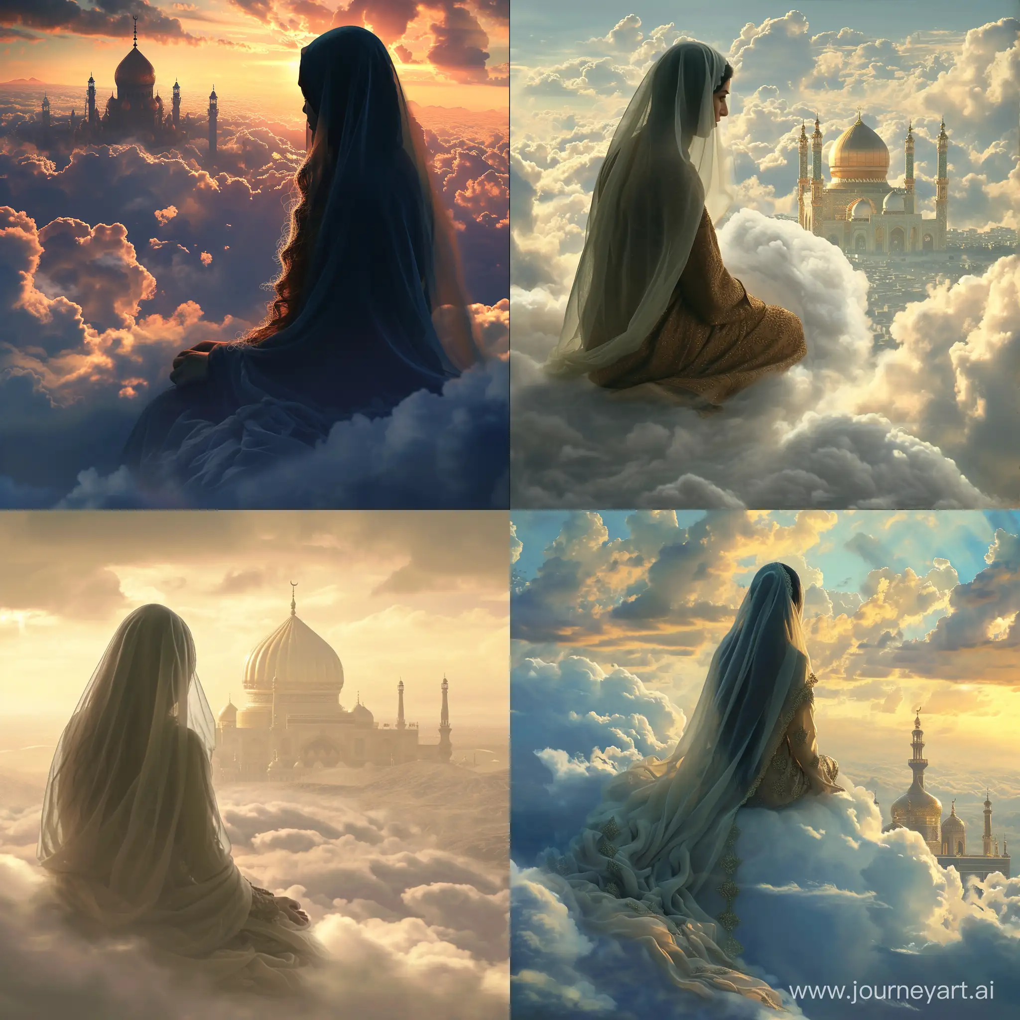 A woman with a veil is sitting on the clouds and looking at Imam Hussain's shrine.