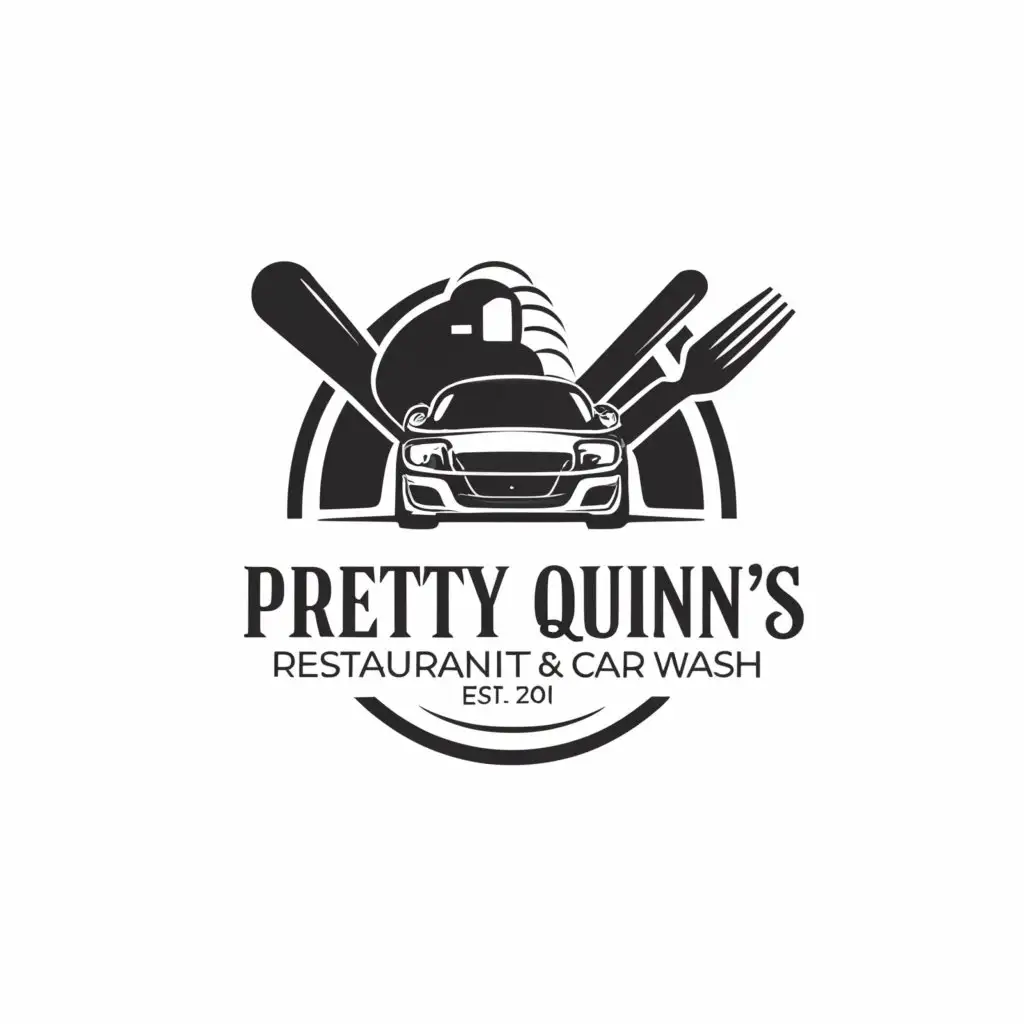 a logo design,with the text 'Pretty Quinn's Restaurant & Car Wash', main symbol:Restaurant and Car Wash,complex,clear background