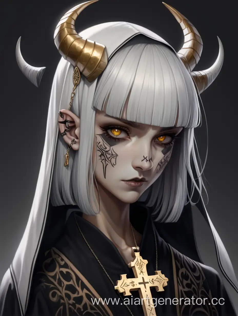 Demon, skinny body, short white hair with bangs, black and golden nun robe with cross, black nun wimple on head, rune tattoos, horns, female character
