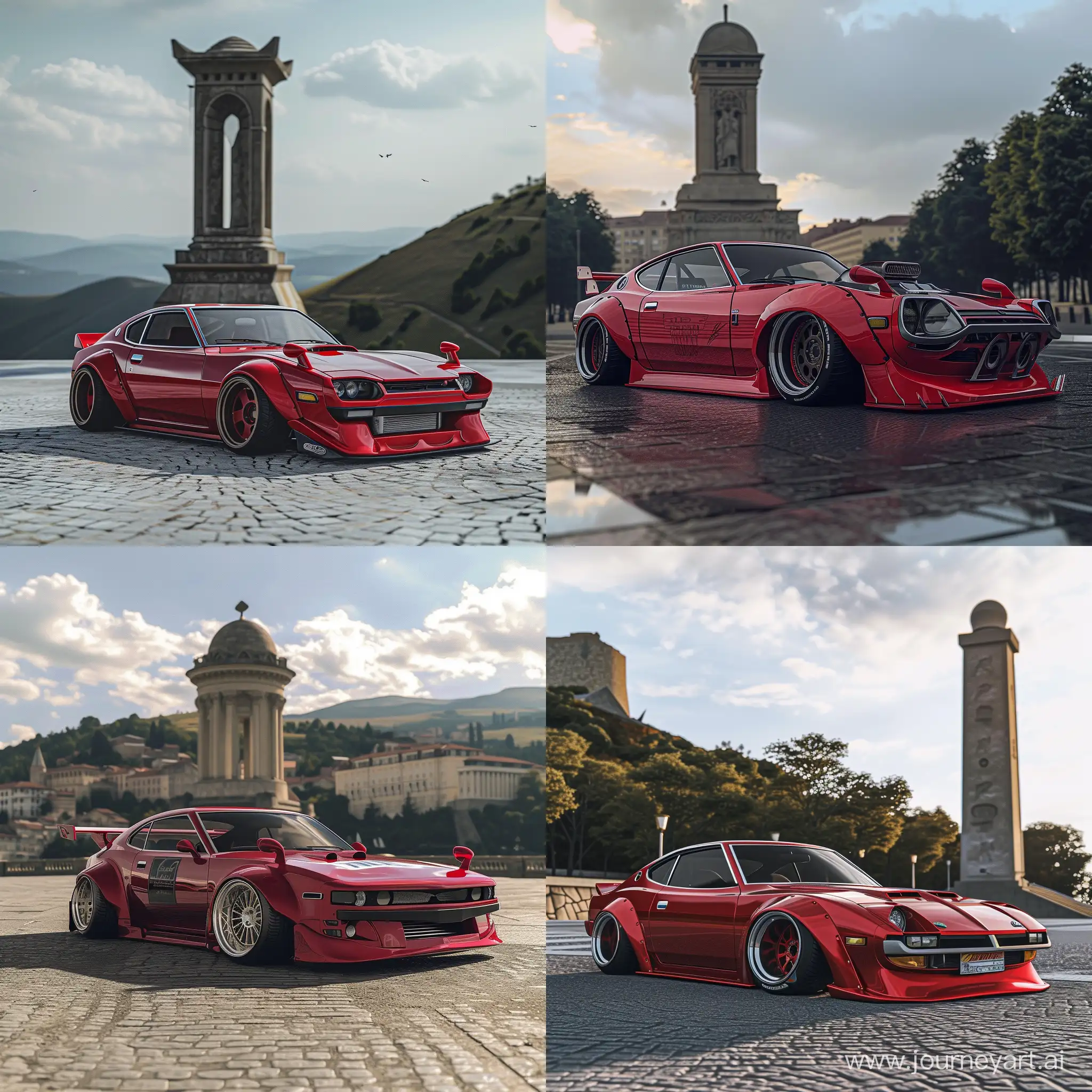 ultra realistic, photorealistic, toyota celica gt-four, red, slammed, wide body, wide rims, Shipka monument in the background --v 6 --ar 1:1 --no 61346