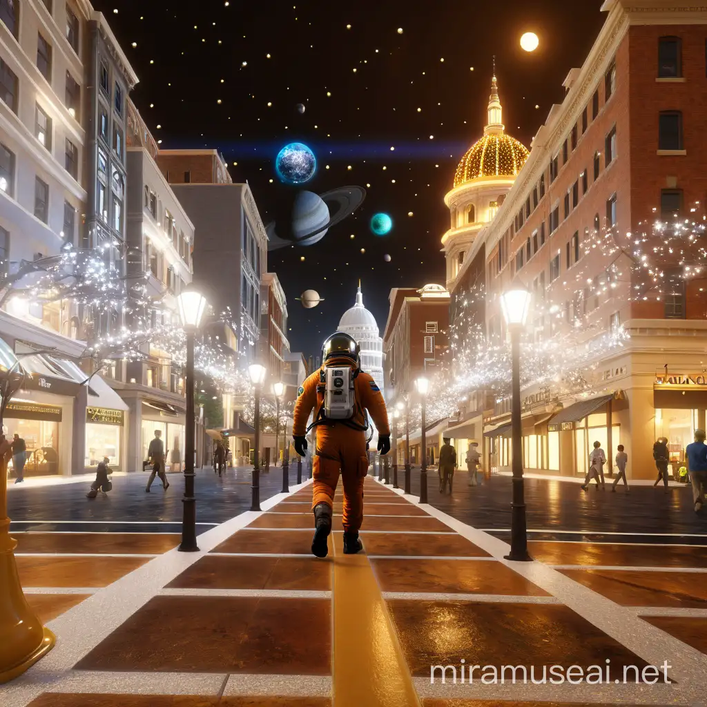 an astronaut walks in a city through a galaxy with millions of stars; planets stars and secrets of the universe, repeating an image that evokes wonder and awe at the vastness of space, octane render, unreal engine 5, nvidia omniverse, realistic, photorealistic, tangled, high detail, high definition