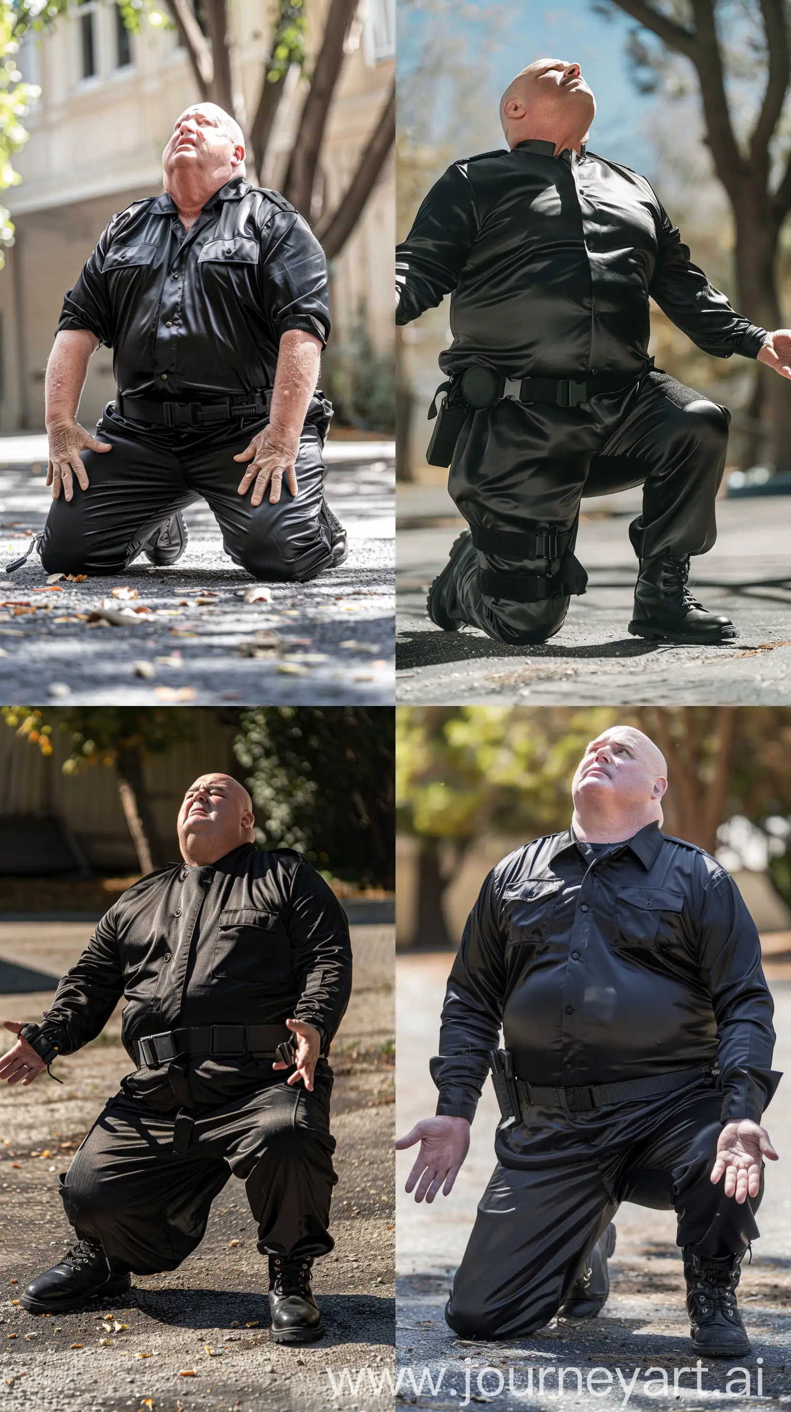 Close-up front view chest-level photo of a serious very fat man aged 70 wearing a silk black security guard skinny-fitted full coverall tucked in black tactical boots. Black tactical belt. Outside. On his knees on the ground looking up at the sky, hands opened. Outside. Bald. Clean Shaven. Natural light. --style raw --ar 9:16