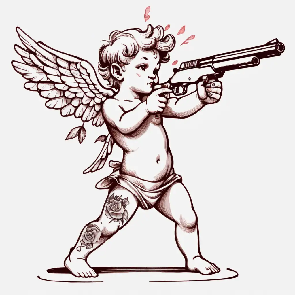 Tattooed Cupid Aiming Pistol Leftwards