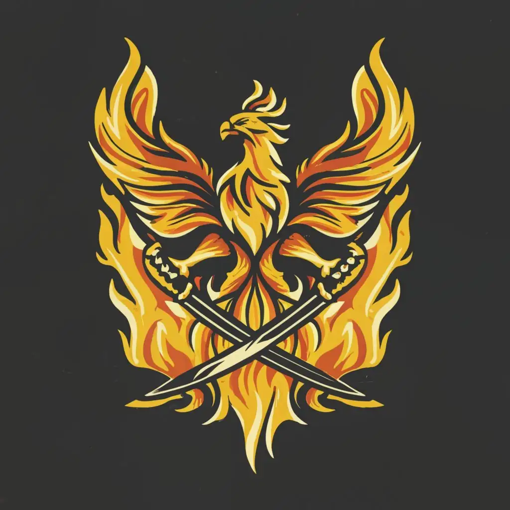 a logo design,with the text 'Phoenix fire forge', main symbol:Phoenix holding a katana in his talons, and a knife in his beak, with flames behind him,Moderate,be used in Construction industry,clear background