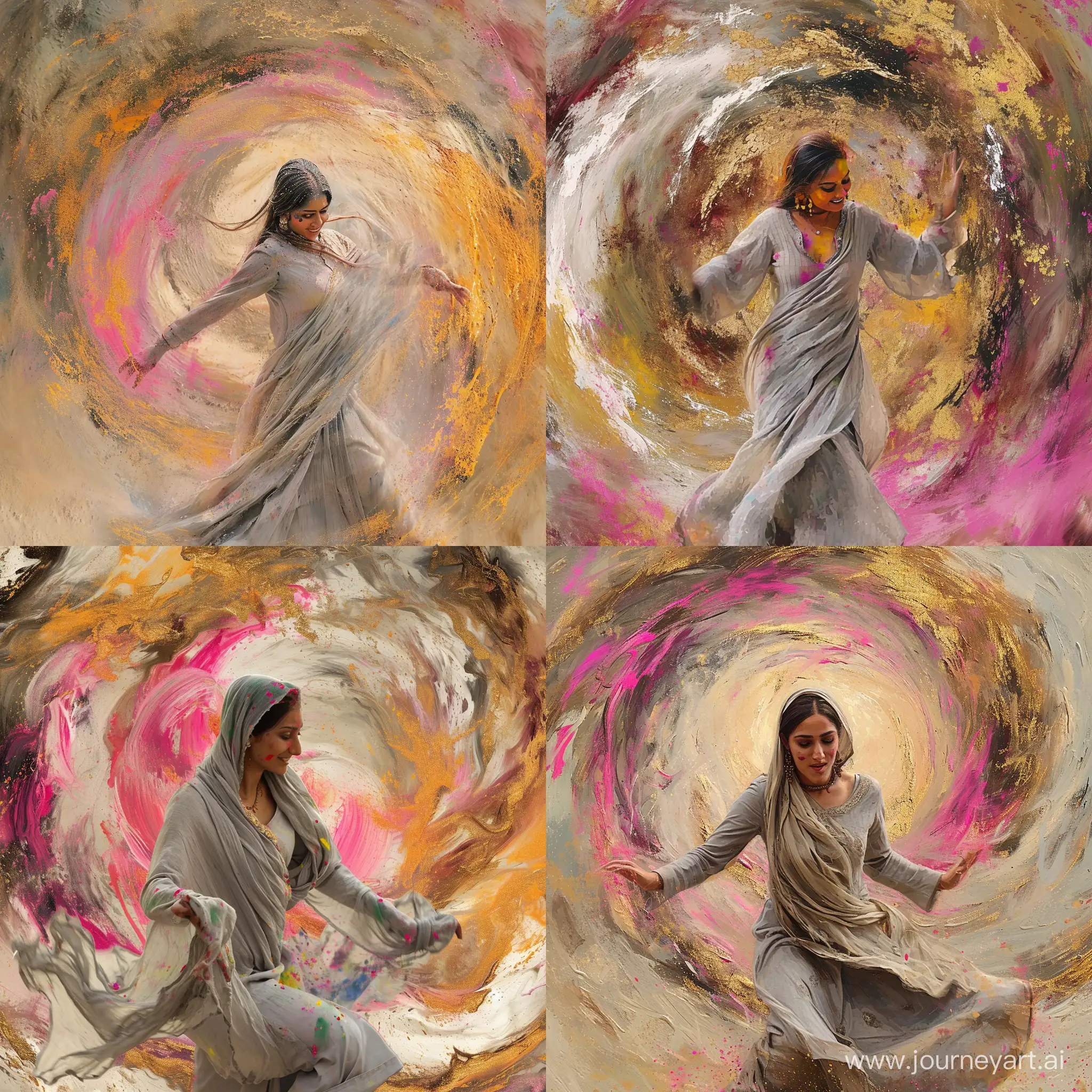 "Amidst the vibrant swirls of Holi colors, a spirited Punjabi woman dances gracefully, adorned in light gray and light bronze hues. The scene transitions into spiritual meditations, casting a serene ambiance with dark gold and pink tones. Bold and vibrant primary colors burst forth, enhancing the expressive facial features of the dancing figure, creating a lively composition reminiscent of hurufiyya art. Immerse yourself in this journey of cultural celebration and spiritual reflection, where each stroke stylized with a 1:2 aspect ratio evokes a harmonious blend of tradition and contemporary expression. Experience the energy with a stylization factor of 750 and a vibrant visual narrative at every turn, inviting you to explore the depths of color and emotion in this mesmerizing journey."