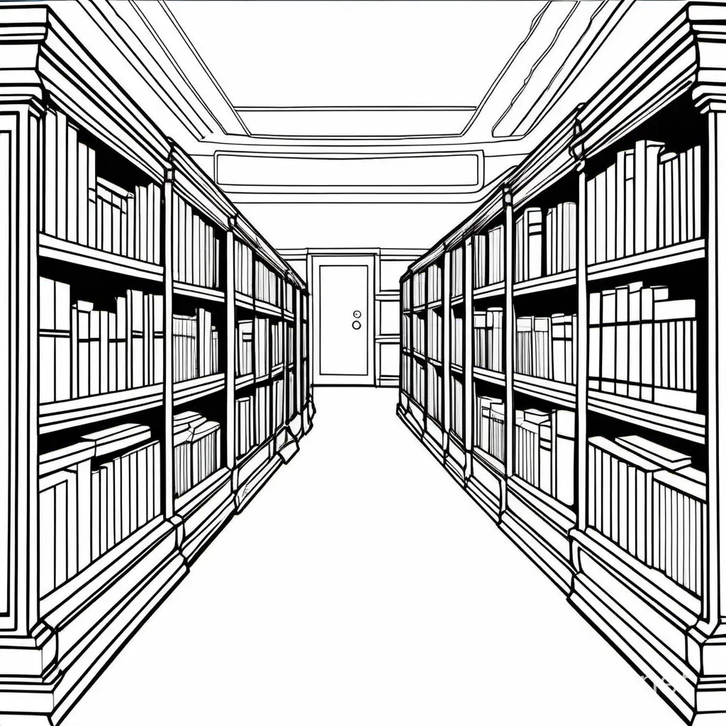 library, Coloring Page, black and white, line art, white background, Simplicity, Ample White Space. The background of the coloring page is plain white to make it easy for young children to color within the lines. The outlines of all the subjects are easy to distinguish, making it simple for kids to color without too much difficulty