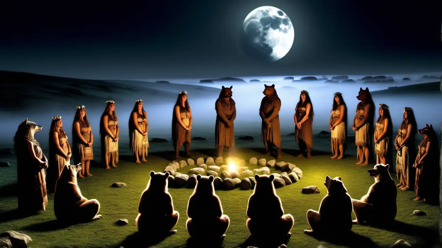 the bear tribe and wolf tribe gather at a stone circle in the moonlight, and groups of marriageable woman are exchanged, ceremonial and ancient, Neolithic Britain