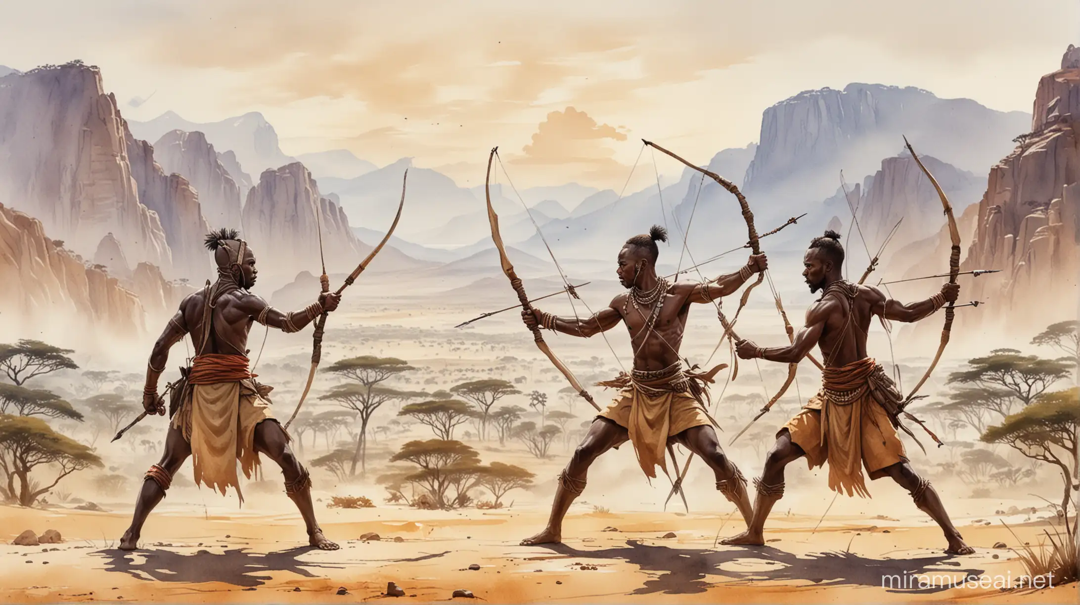 Two African Savana warriors fighting each other, and background mountains. They are very skinny, and they use spears and bows. The whole setting is artistic, minimalistic and drawn in watercolors.
