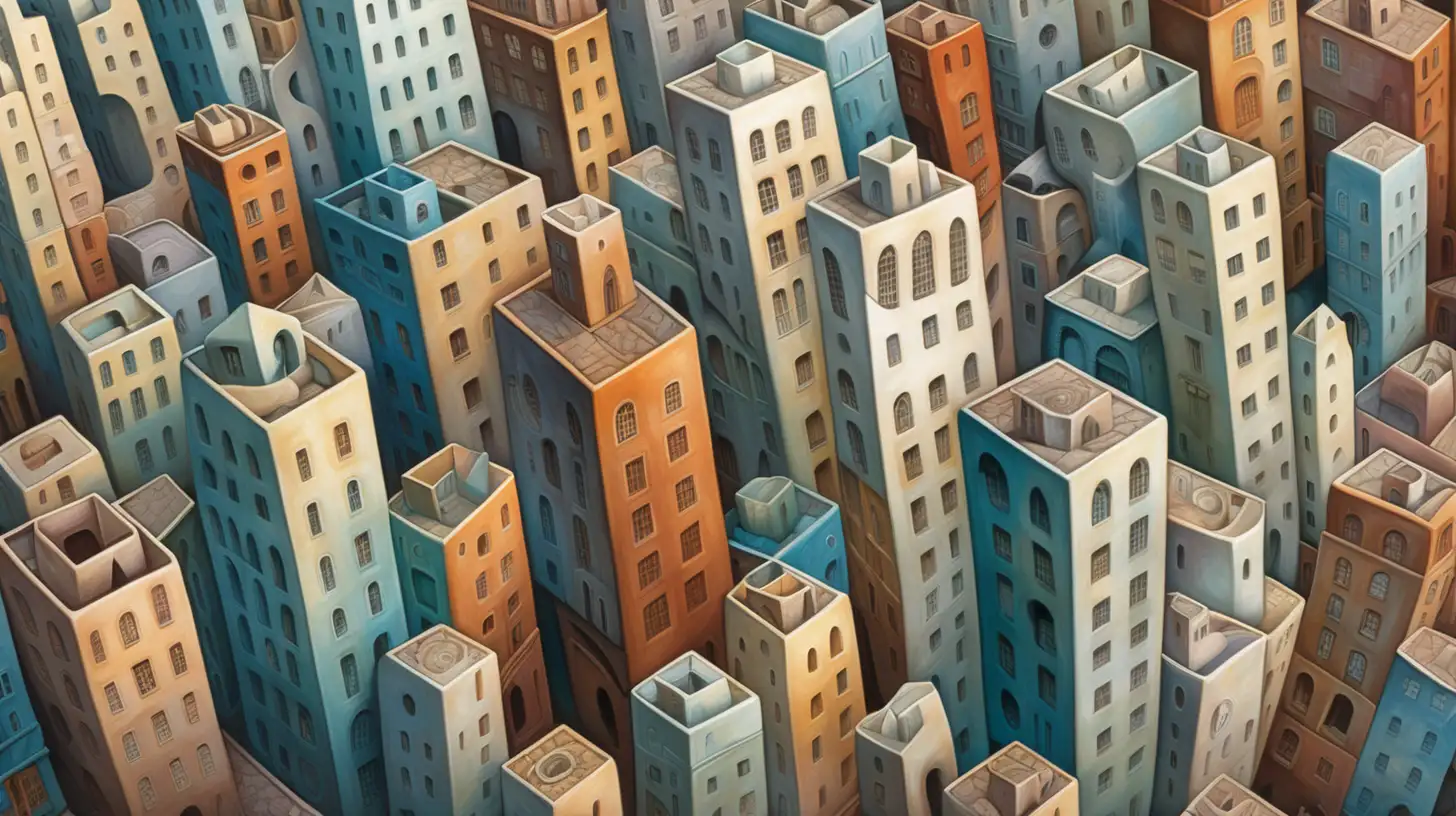Surreal Cubist Cityscape Art Twisted Buildings in Dreamlike Harmony
