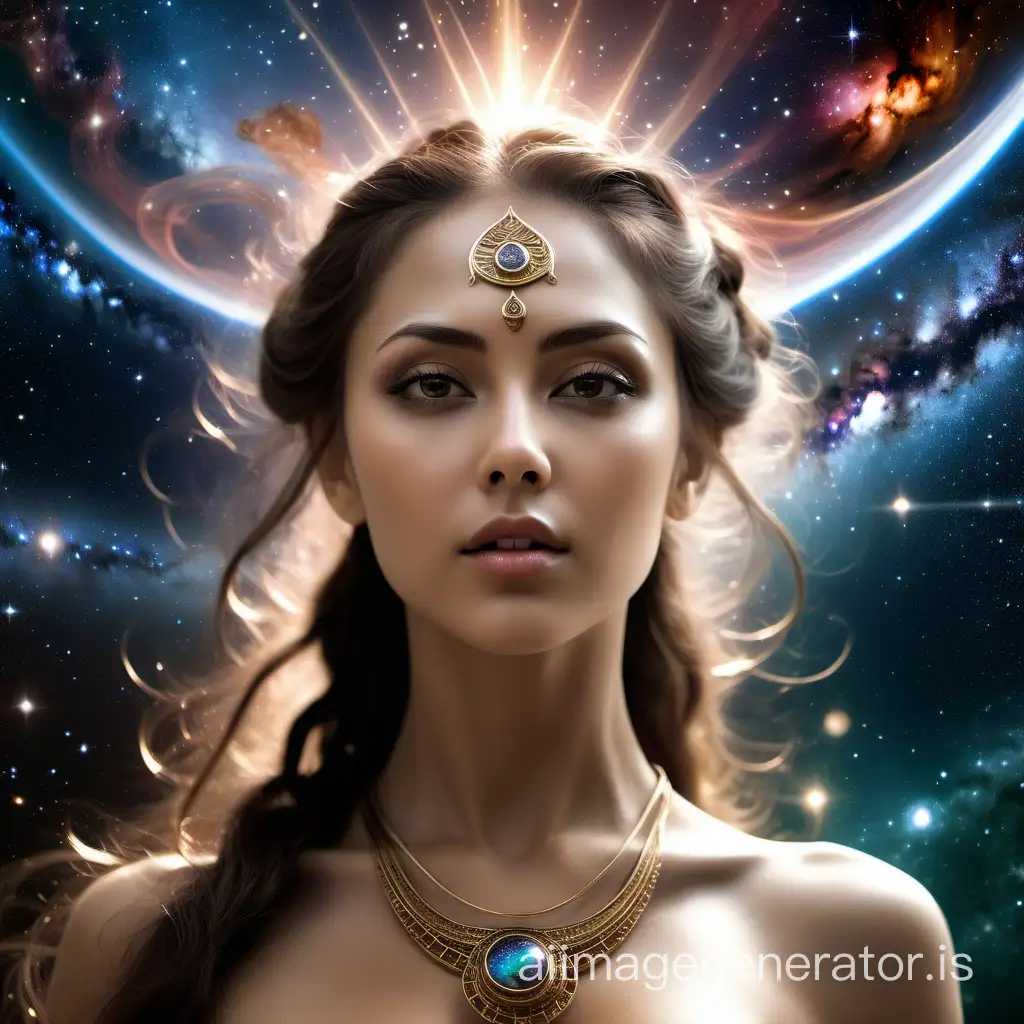 In this image, we see a realistic and enchanting woman serving as an goddess. Her face exudes unearthly beauty and expressiveness, with subtle details that add depth and transpersonality. Her gaze is filled with wizdom and calmness, reflecting inner strength. In the background stretches a shining galaxy, symbolizing eternity, revival and infinity. This scene not only captures the beauty of the feminine nature but also suggests inner strength and a connection with nature.