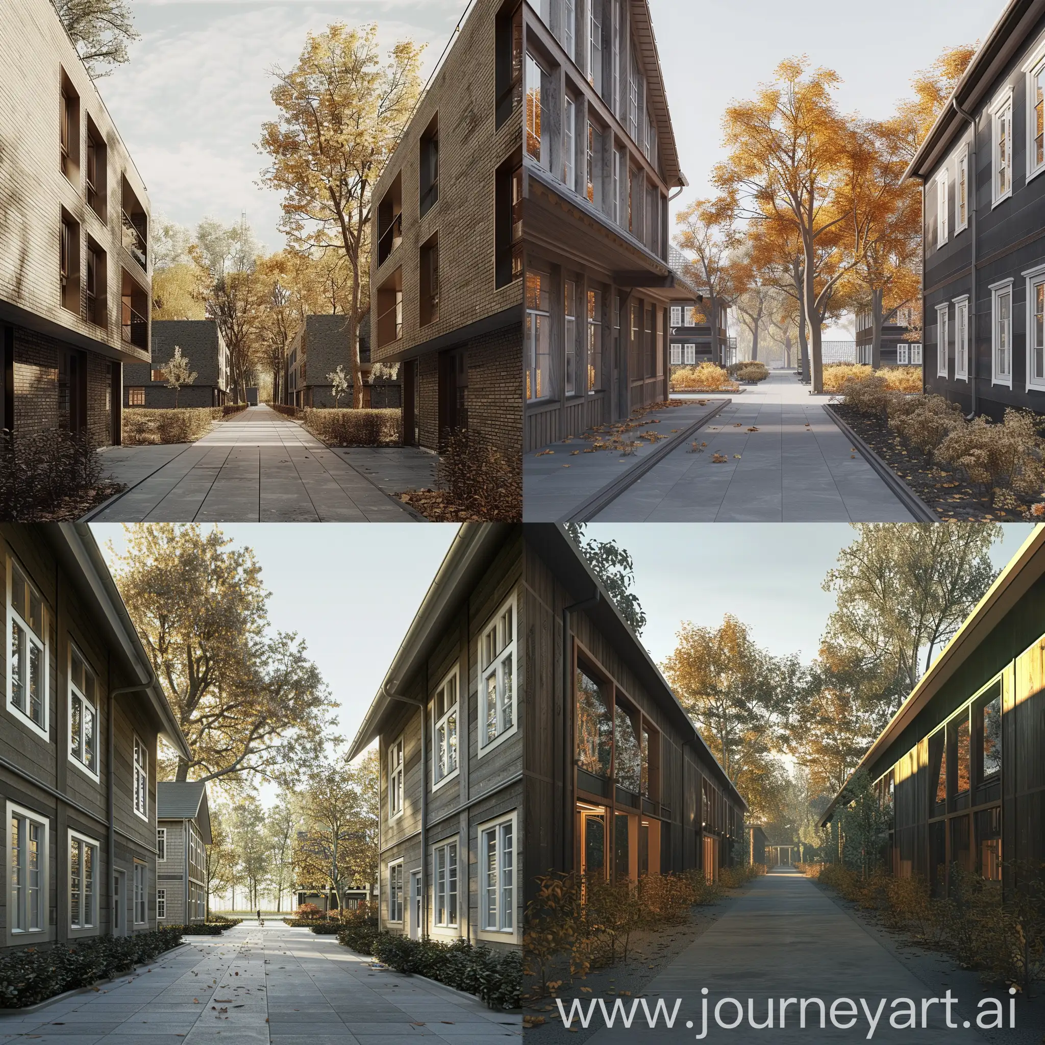 a rendering of a sidewalk with two buildings with trees in the background, in the style of danish design, timber frame construction, vray, anglocore, rich and immersive, exaggerated proportions, transportcore