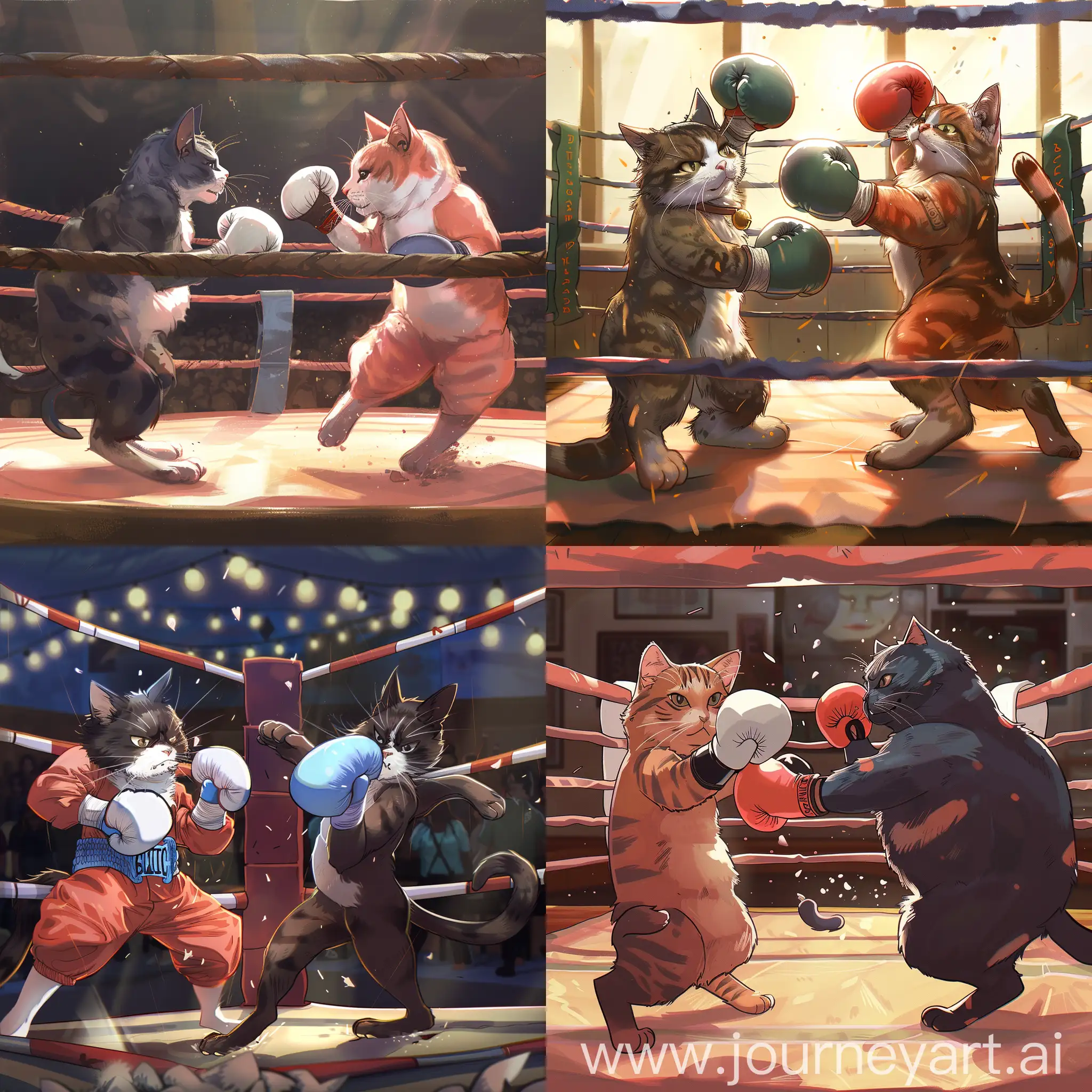 cats as boxers, fighting in ring, anime style