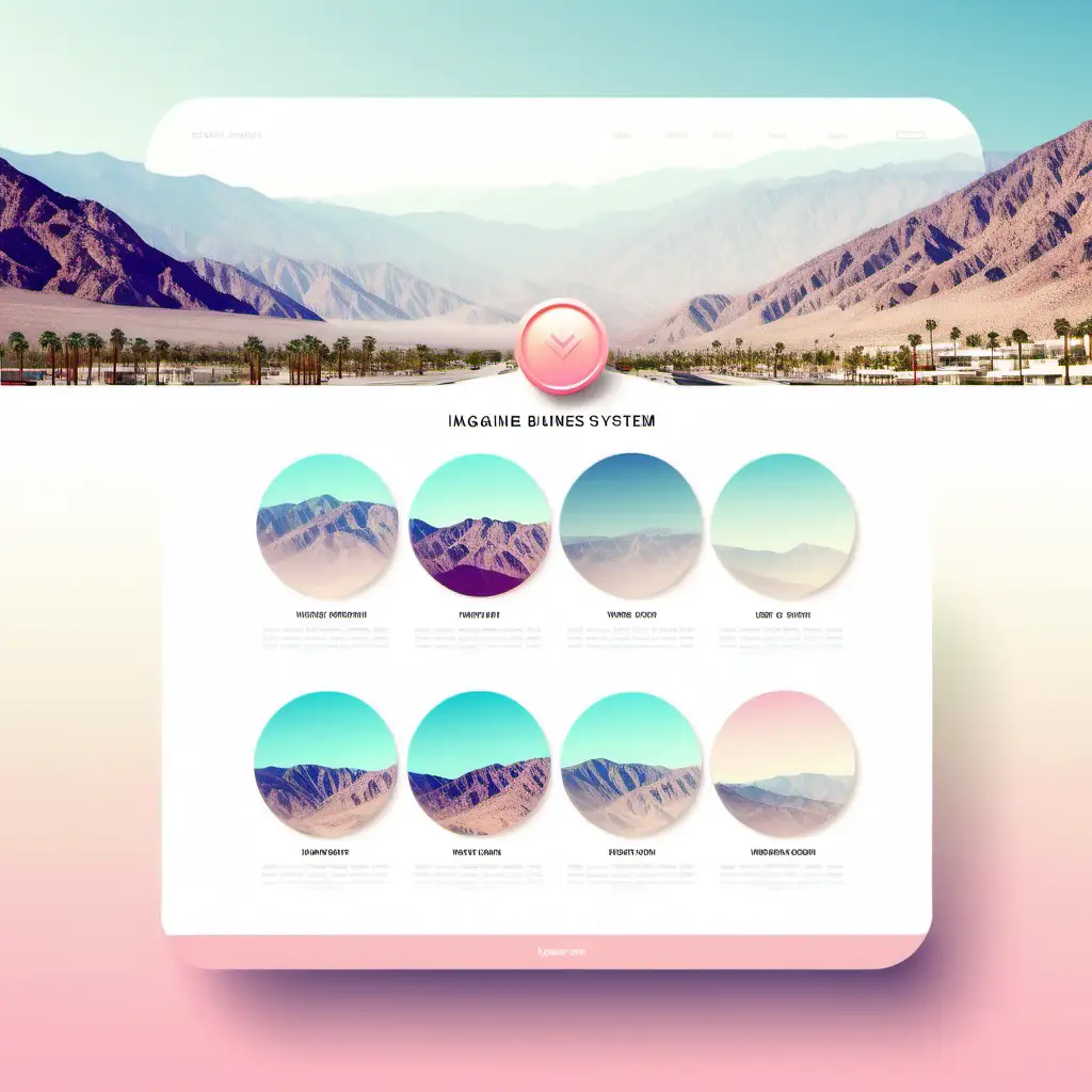 Imagine a Business/Portfolio minimalistic Website web design for artist, ux, ui, navigation, menus, text, digital, vector, 3d use realistic Palm Springs mountains, using all pastel colors. Website is high fashion, sexy, memorable and minimalistic gradients, Home Button, contact button, book button, research button, testimonal button, product button, Energy enhancement system button, use the Palm Springs mountains in the photos.  Please make this website sexy, minimalistic, high fashion
