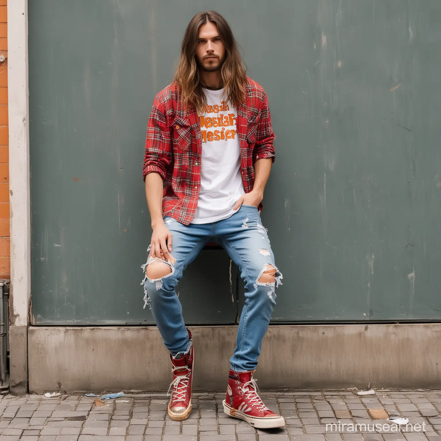 Fashionable Man in Red Plaid Shirt and Ripped Jeans against Stripe Motif Background with Asian Ornaments