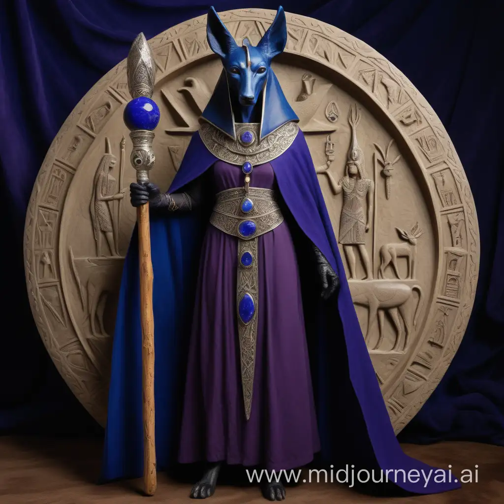 t
an ancient  Norse Witch is dressed in a deerskin cape with a silver filligree brooch at the front. She has a long purple dress underneath the cape. She holds a carved wooden staff with an egyptian Osiris carved into the staff, it has Lapis lazuli gemstones embeded into the staff, on the top is the head of Anubis