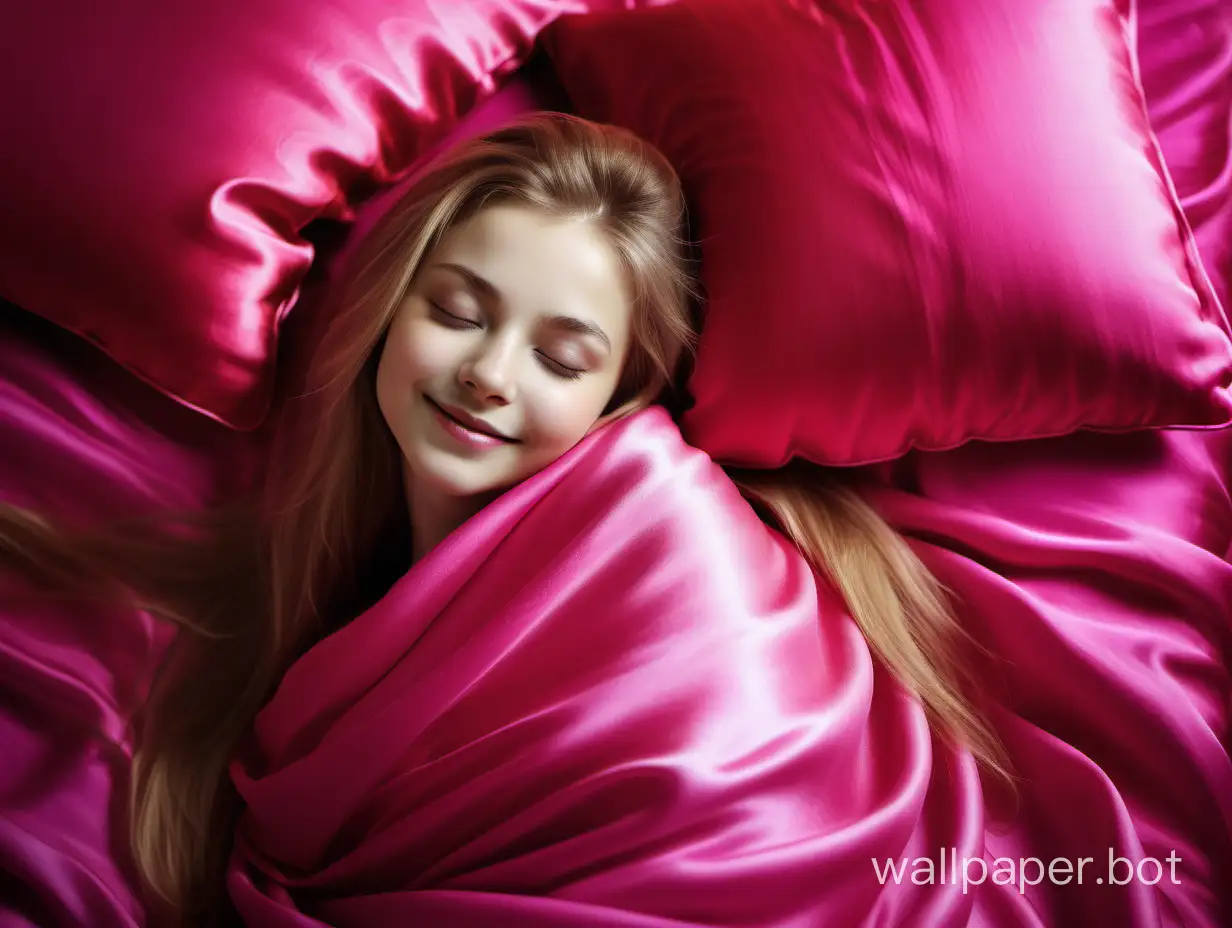 Gentle, Sexy, Sunny, Young Julia Lipnitskaya with long straight silky hair sleeping on luxurious pink fuchsia silk pillow under silk blanket and smiling