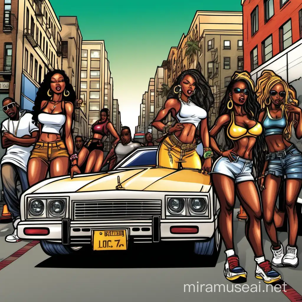Urban Rhythm Vibrant City Life with Stylish African American Models and Fast Cars