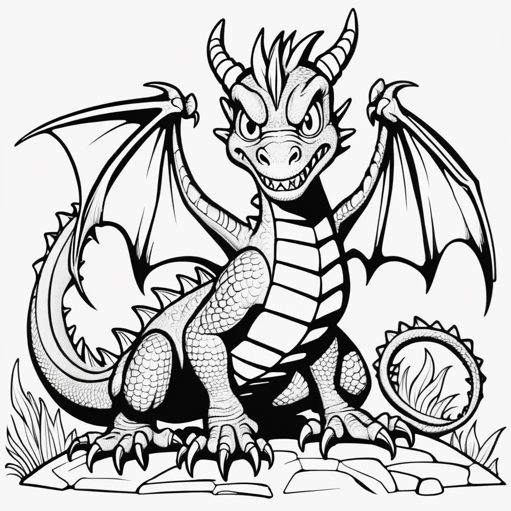Fearsome Black and White Cartoon Dragon Coloring Page in High Definition