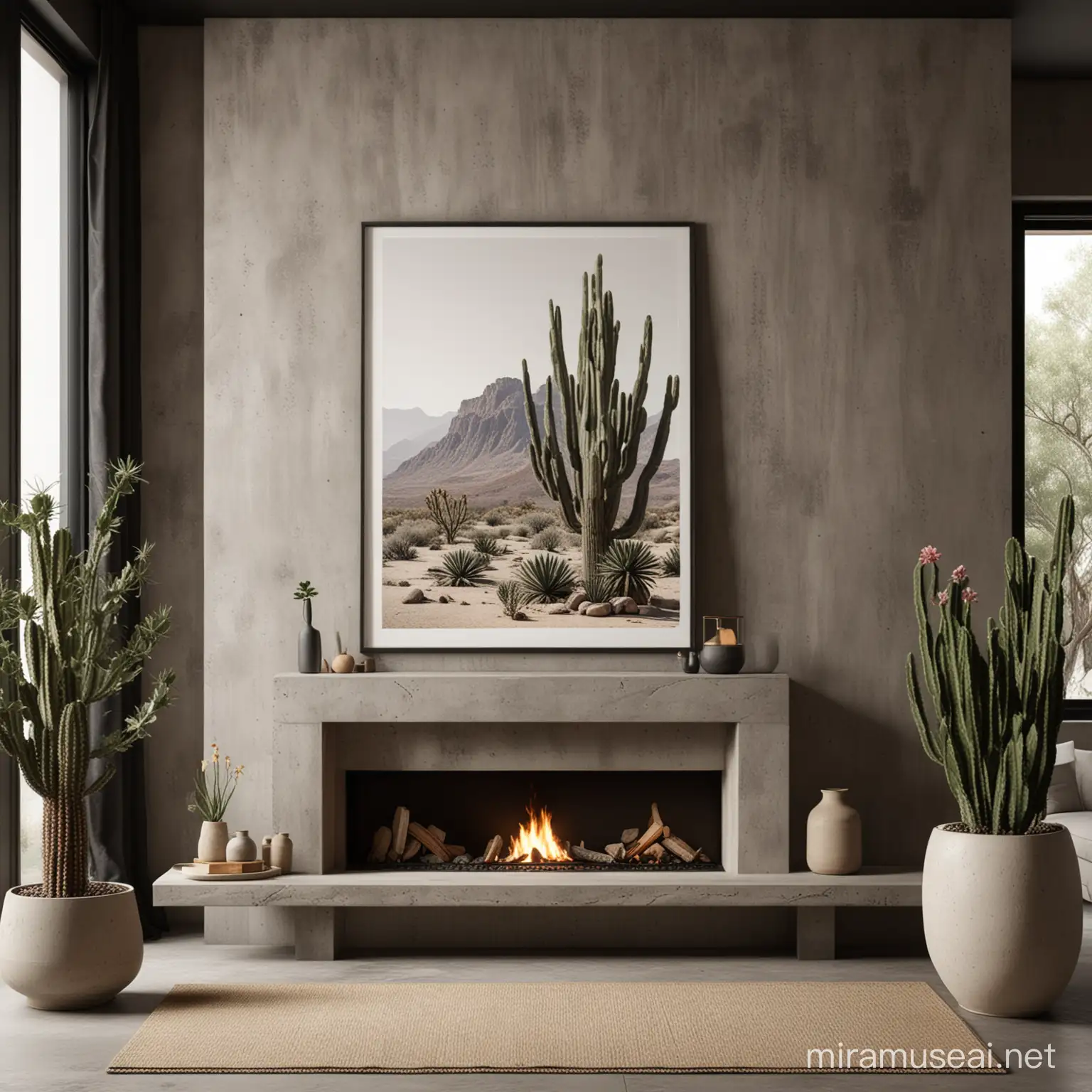A gorgeous moody contemporary close up black framed black poster mockup with a minimal but rustic interior design grey wall with huge stone elements, including a contemporary fireplace with a Wabi Sabi huge vase in white sand finish as decoration with blooming huge cactus and huge white pottery, huge windows in the magazine style of ARCHITECTURAL DIGEST, a high quality architectural visualization, using 3D modeling software with photorealistic materials and advanced lighting techniques to showcase the intricate details and modern look of the room