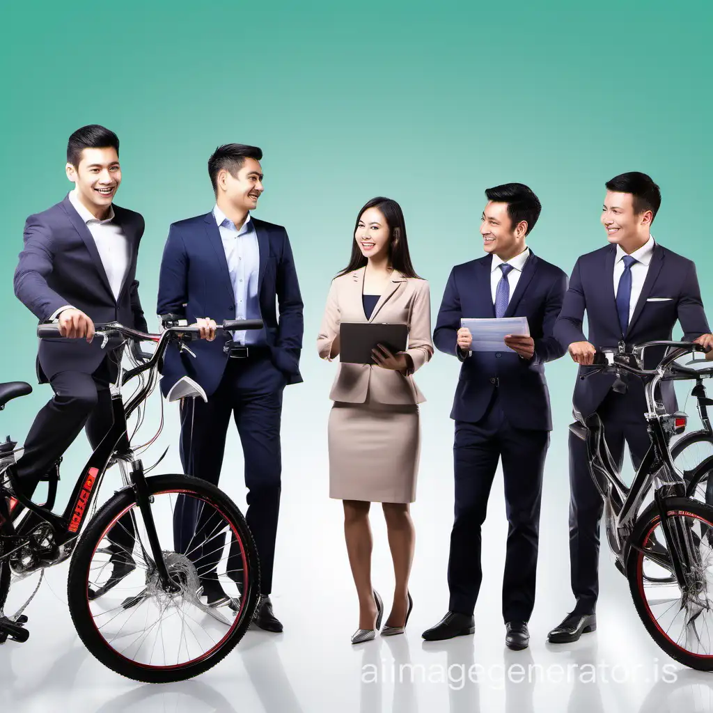 Product photography of, Bicycle Rental , in background, a front shot of four attractive  smiling, two male in a suit, two female in a professional dress, Talking about Bicycle Rental business, In the Bicycle Rental, Bicycle Rental Business, Bicycle Rental sign, geometric composition, bright lighting, minimal style, ultra high definition