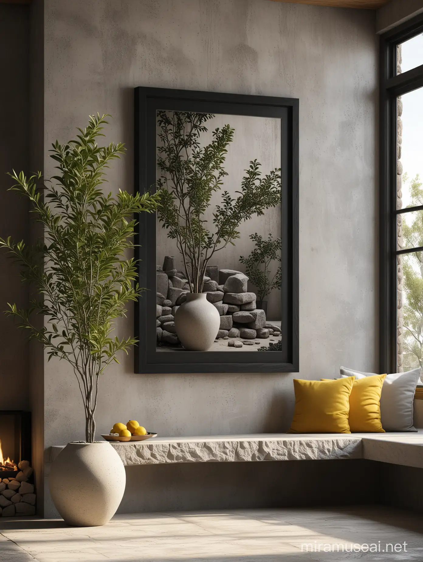 A gorgeous dark academia contemporary close up black framed black poster mockup with a minimal but rustic interior design grey wall with huge stone elements, including a contemporary fireplace with a Wabi Sabi huge vase in white sand finish as decoration with lemon tree, huge windows in the magazine style of ARCHITECTURAL DIGEST, a high quality architectural visualization, using 3D modeling software with photorealistic materials and advanced lighting techniques to showcase the intricate details and modern look of the room