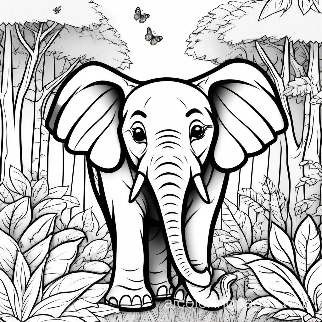 Elephant-in-Forest-Coloring-Page-with-Trees-Flowers-Birds-and-Butterflies