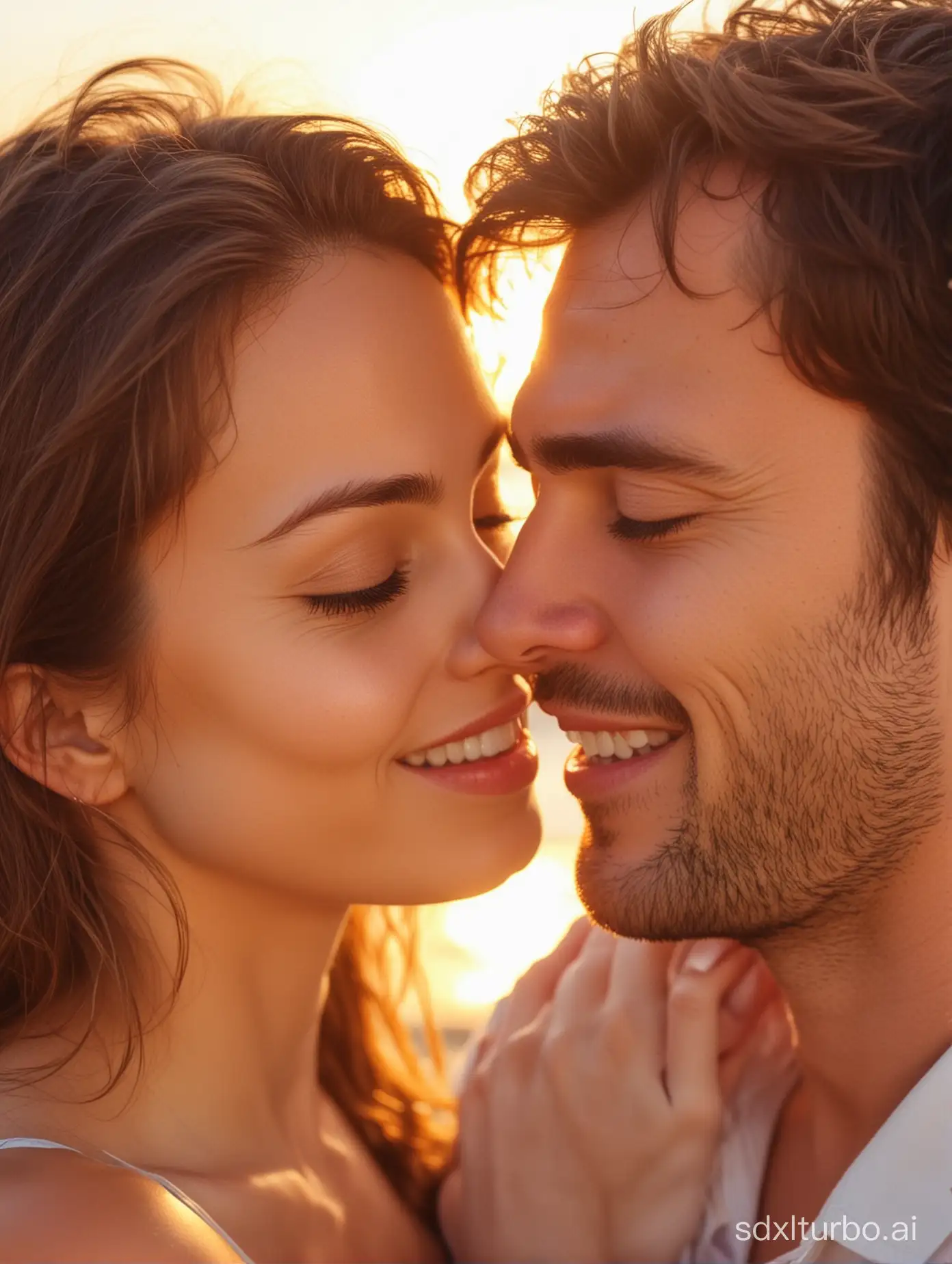 there is a man and woman hugging on the beach at sunset, sun visible between both, close-up, headshot, girl wink