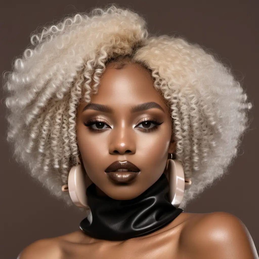 beautiful brown skin black woman wearing a platinum blonde hair colored curly afro  hairstyle. She has on a chocolate brown leather turtleneck top. Modeling a soft pretty makeup look wearing a nude colored lip gloss