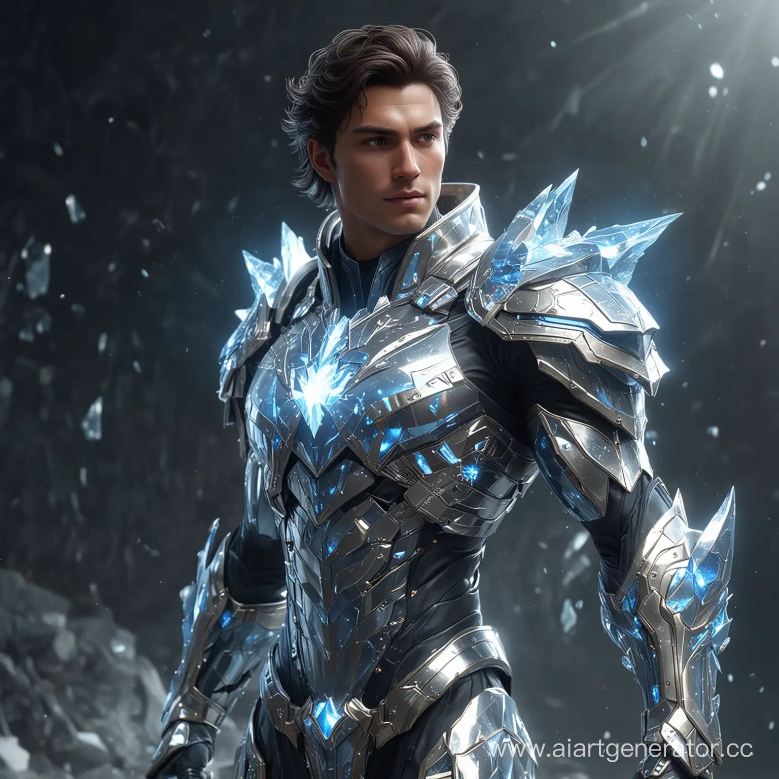 Crystal Guardian: A male her.Visualize a hero donning crystalline armor with reflective facets, emitting a soft glow, adorned with shimmering crystalline formations that refract light. Make it cinematic 
