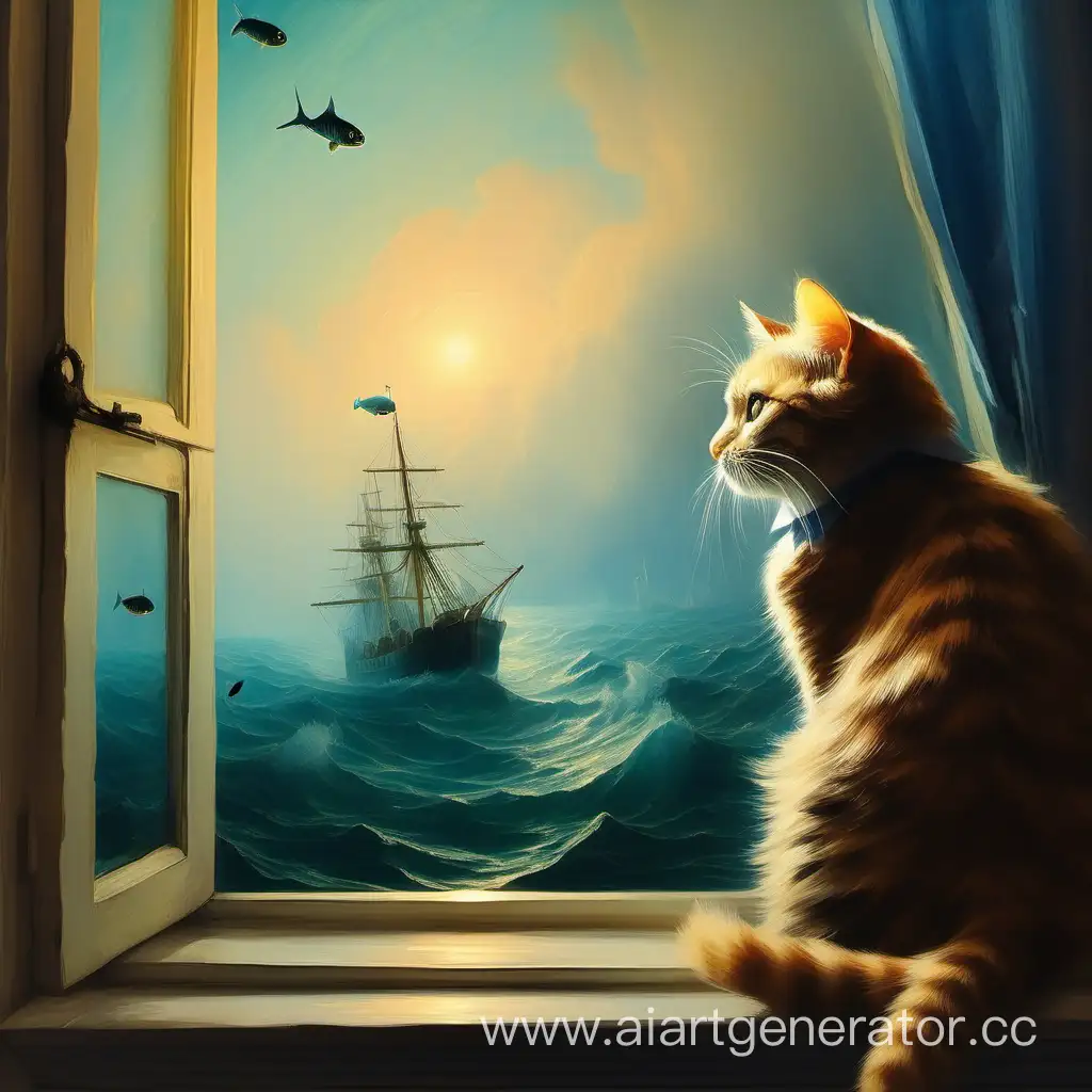Кот смотрит в окно на пролетающий мимо косяк рыб в стиле Айвазовского