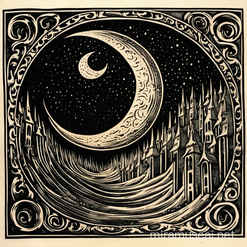 Medieval Woodcut of a Weeping Crescent Moon