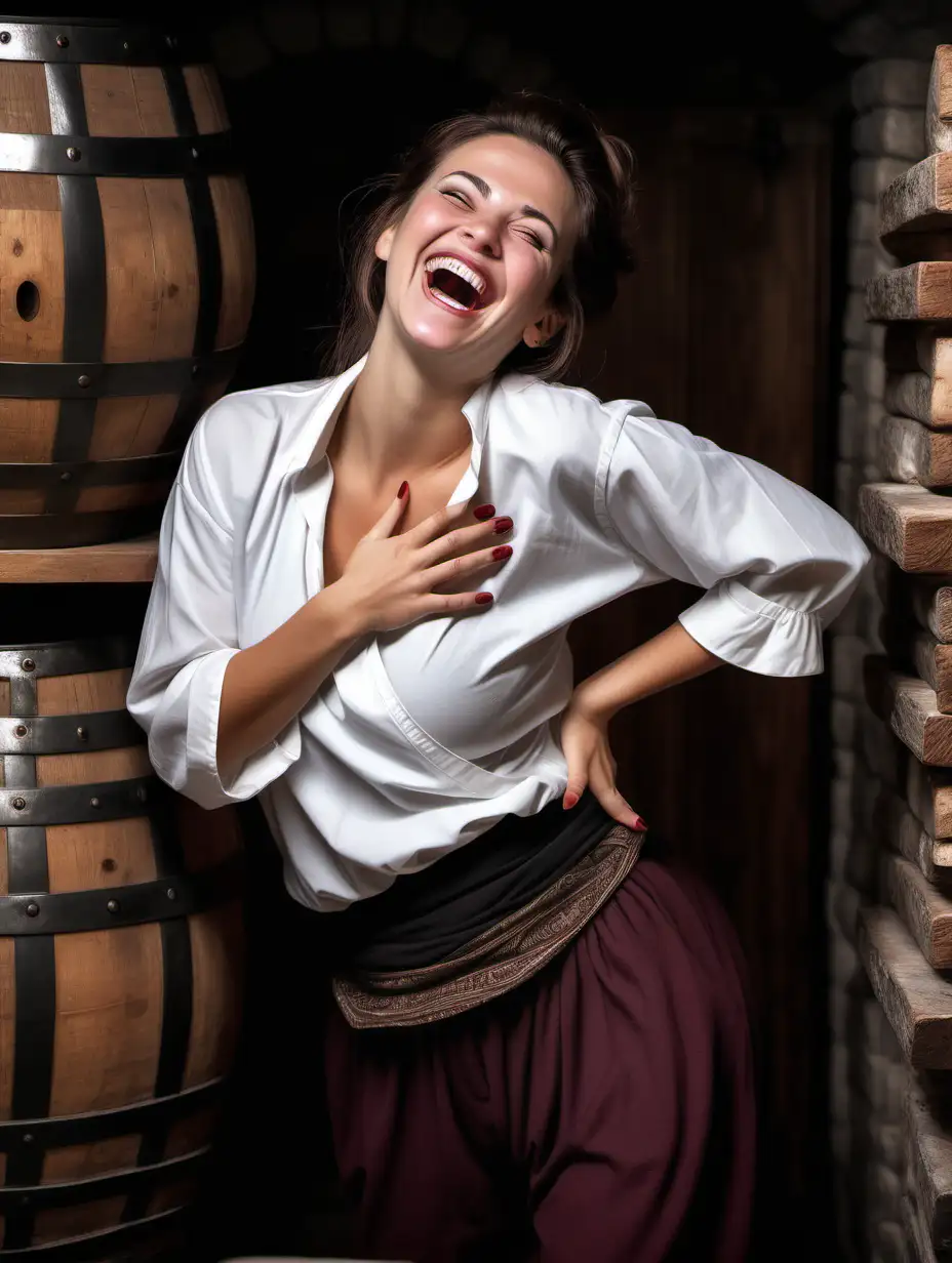 Sexy woman laughing, hands on belly, folklore costume, black baggy harem pants, big woolen wraps, short white blouse, dark brown, wine cellar