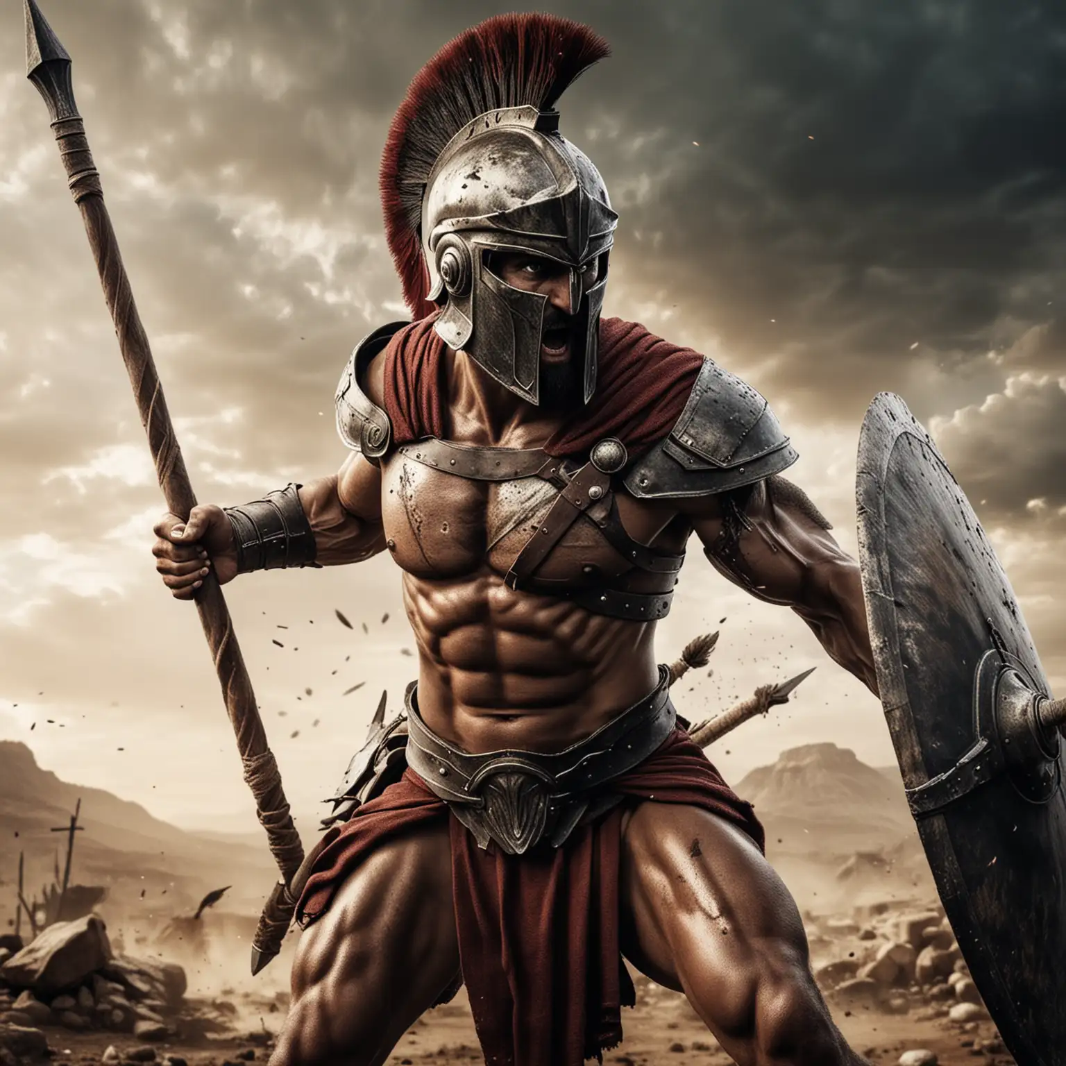 Spartan with a fierce battle face holding a spear