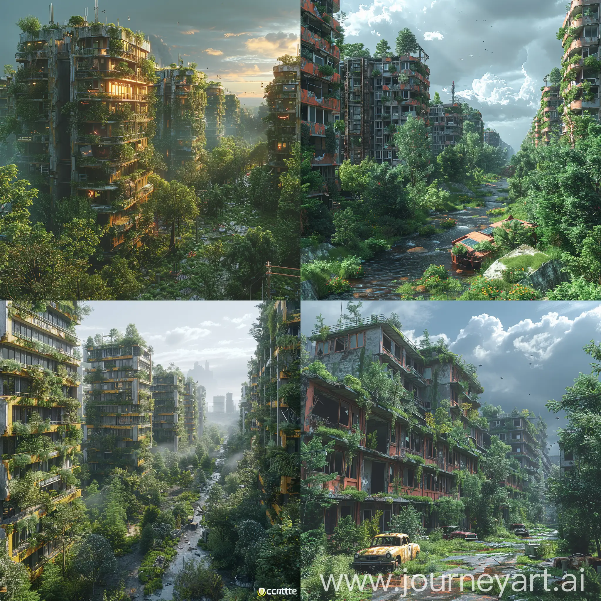 Ultramodern, futuristic Pripyat, Phytoremediation, Solar Power Plants, Geothermal Energy, Vertical Forests, Self-Sustaining Buildings, Waste-to-Energy Plants, Electric Vehicles, Green Roofs and Walls, 3D-Printed Structures, Bioremediation, Smart Grid, Ubiquitous Wi-Fi, Telepresence and AR/VR Integration, Automated Transportation, Internet of Things (IoT), Augmented Reality City Guide, Advanced Robotics, Vertical Farming, Telemedicine, E-Governance, octane render --stylize 1000
