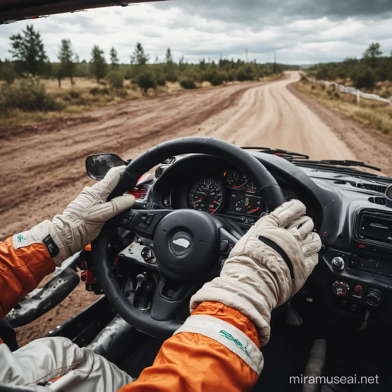rally car driver in full suit and gloves grabs the steering wheel of rally car head point of view
