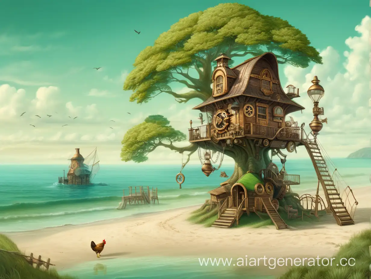 Steampunk-Hut-by-the-Seashore-with-Green-Oak-Tree