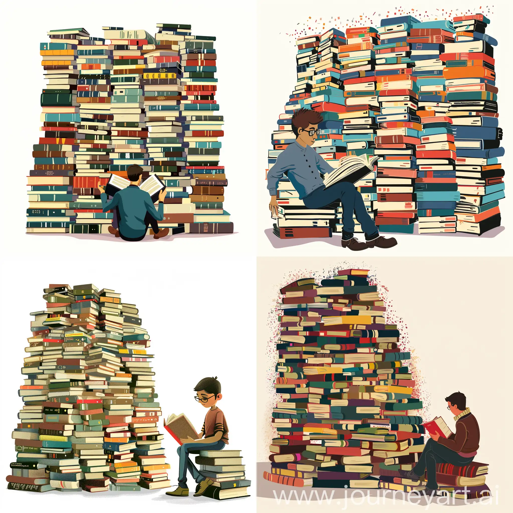 A vector character reading a book, sitting in
front of a large stack of books, without any
background