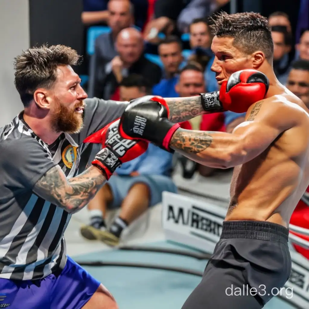 Lionel messi and Cristiano Ronaldo in a heavy weight boxing ring