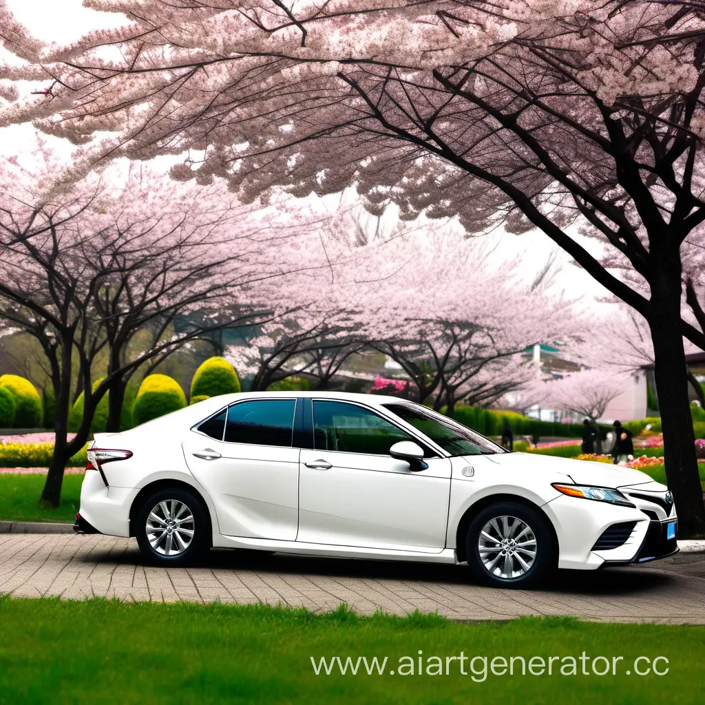 White-Toyota-Camry-Parked-Under-Sakura-Blossoms