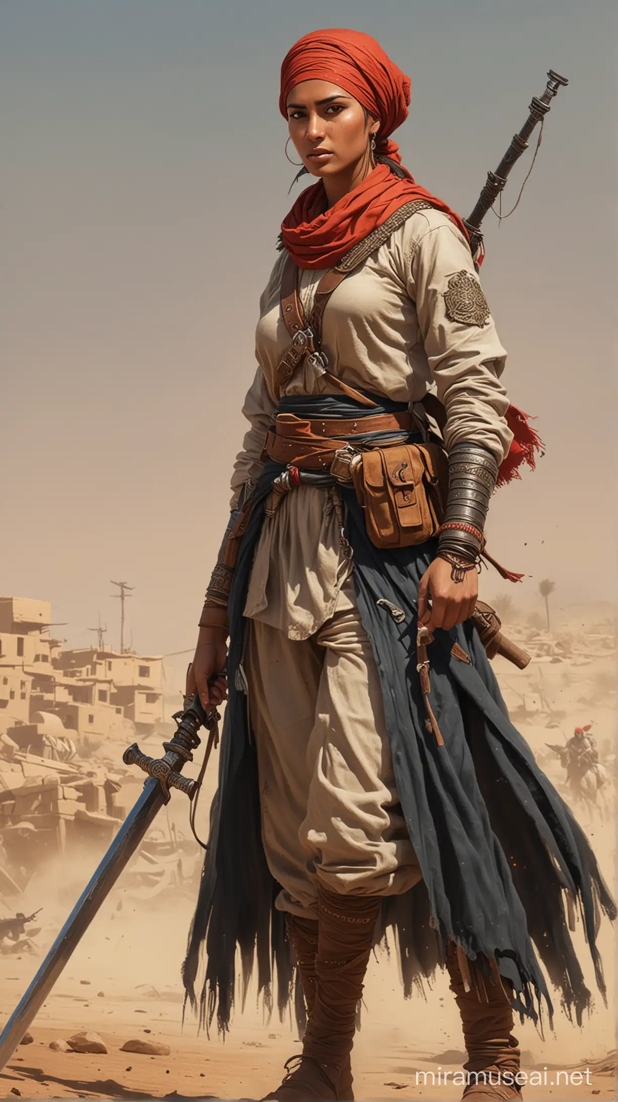 Illustrate a scene where Nene Hatun bravely engages in combat, boldly advancing into battle against the enemy. Show her standing at the forefront with her weapon, displaying a determined expression amidst the intense conflict. turbaned

