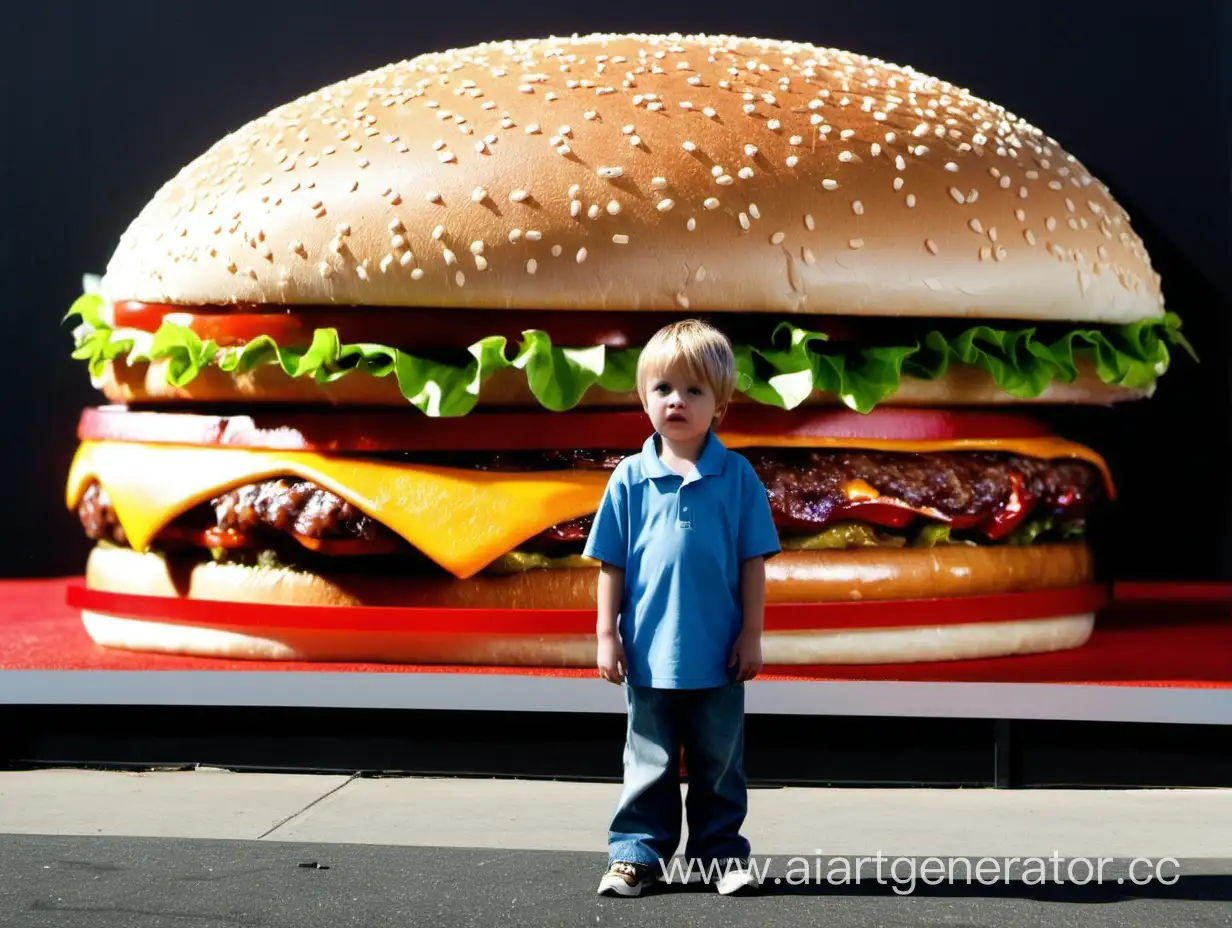 Маленький мальчик стоит рядом с огромным бургером