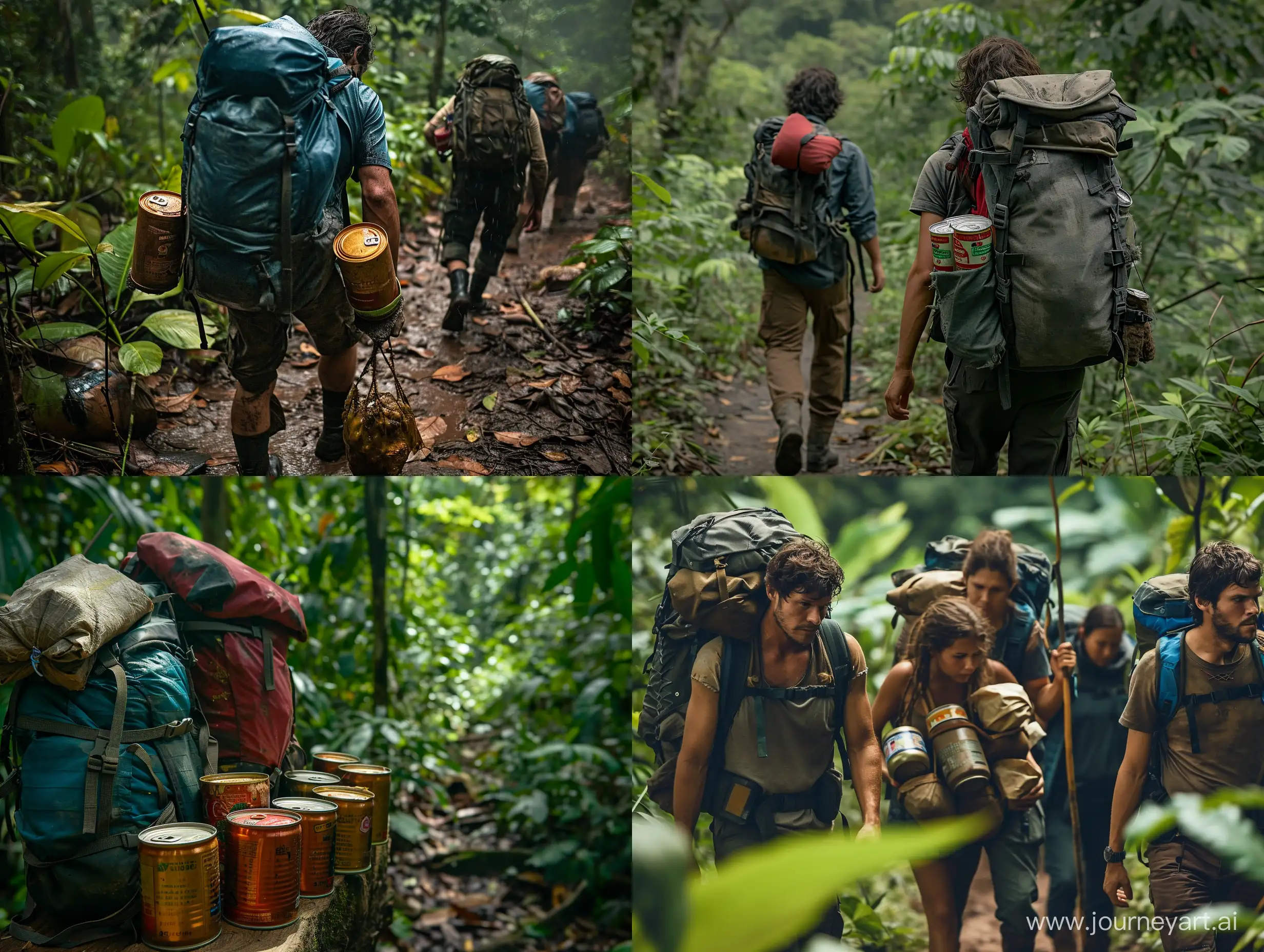 В рюкзаках путников осталось совсем немного консервов, действие происходит в джунглях Южной Америки