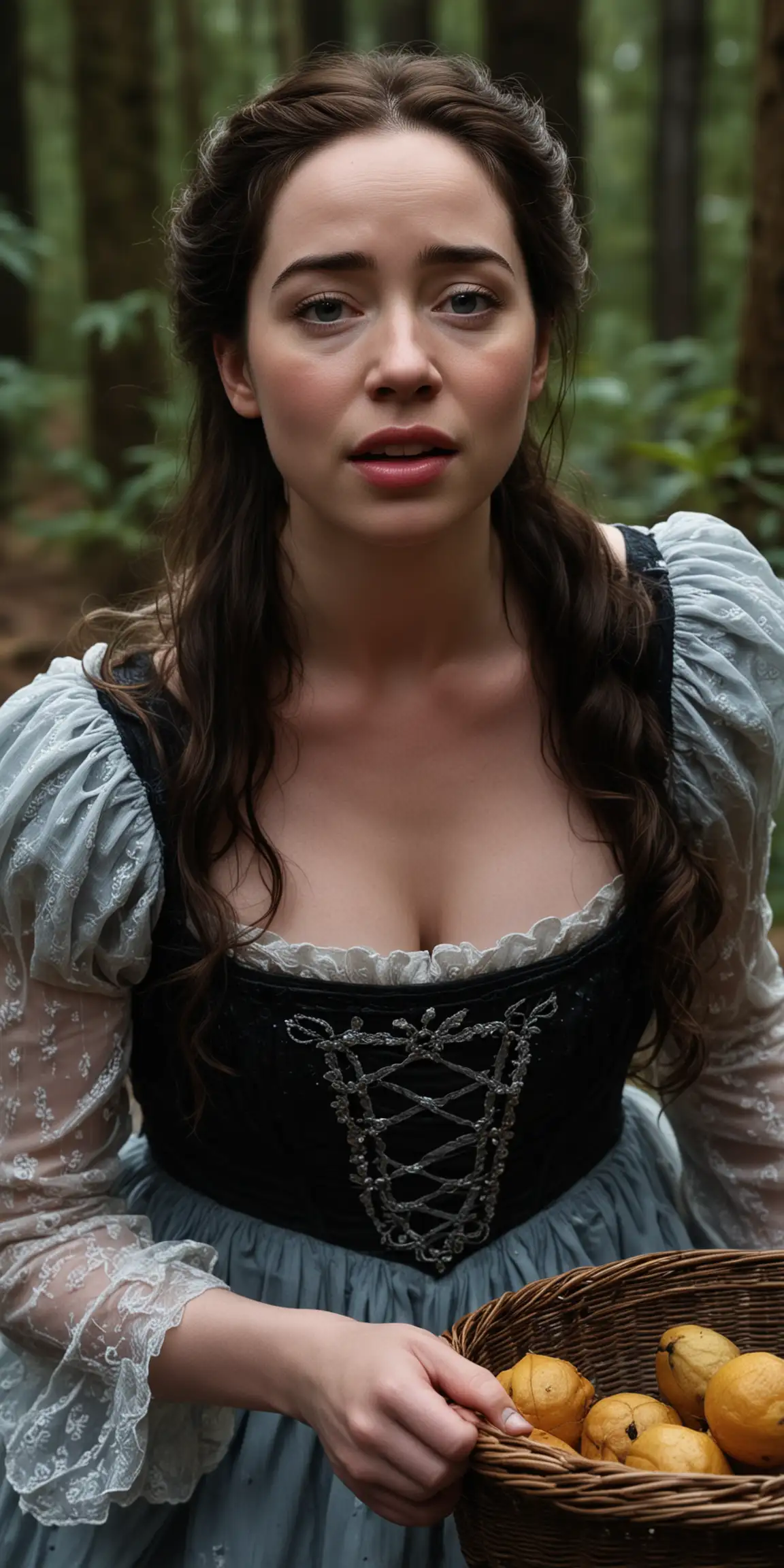  profondeur de champ de face, dans forêt sombre, Anna Popplewell, Les larmes débordent de ses yeux visage troublé, robe de belle from beauty and the beast sandales noir, un panier dans une main