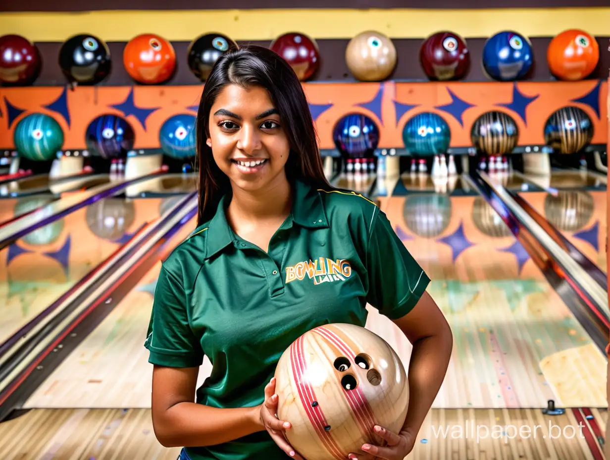 In the background are bowling alley lanes. In the foreground holding a bowling ball and wearing a team shirt is a fit and tanned young Latino woman.